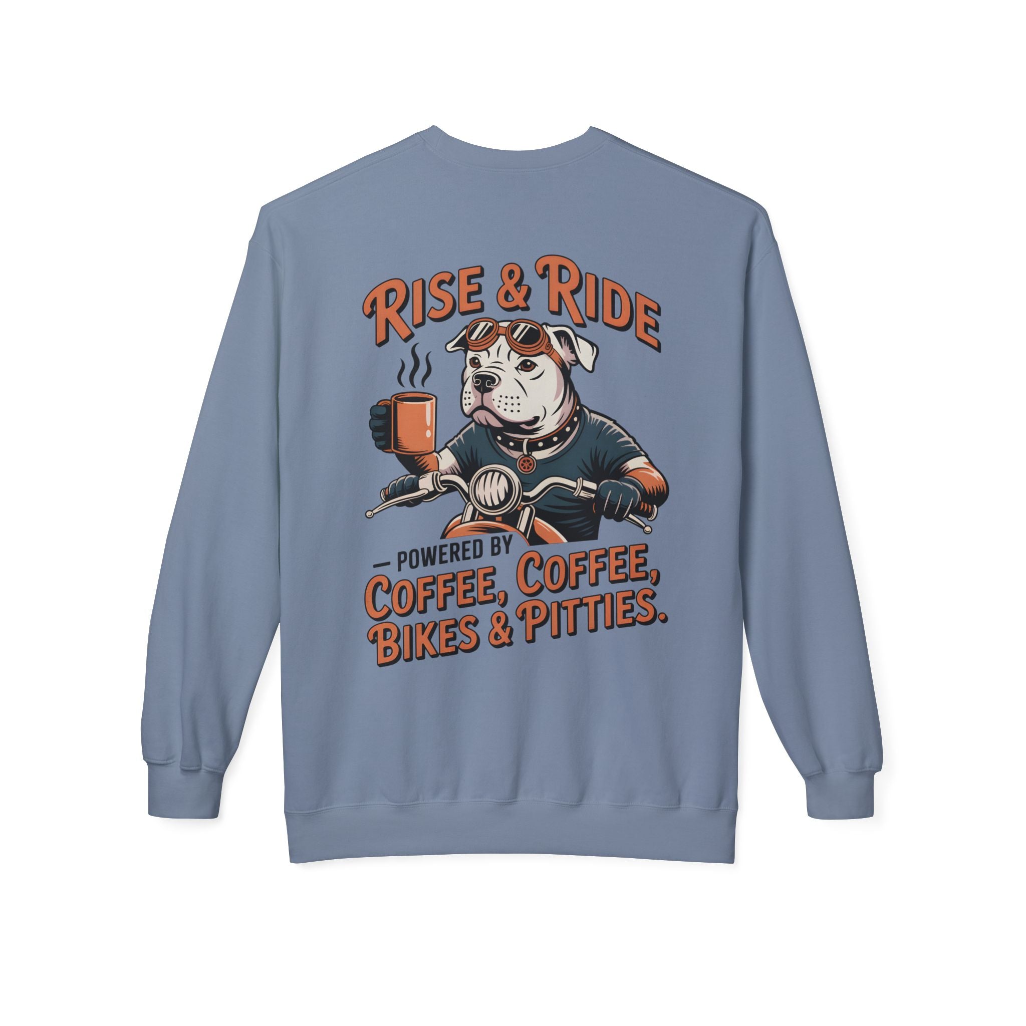 Dog White Pitbull Biker Coffee Pullover | Men's Motorcycle Sweatshirt with Back Print