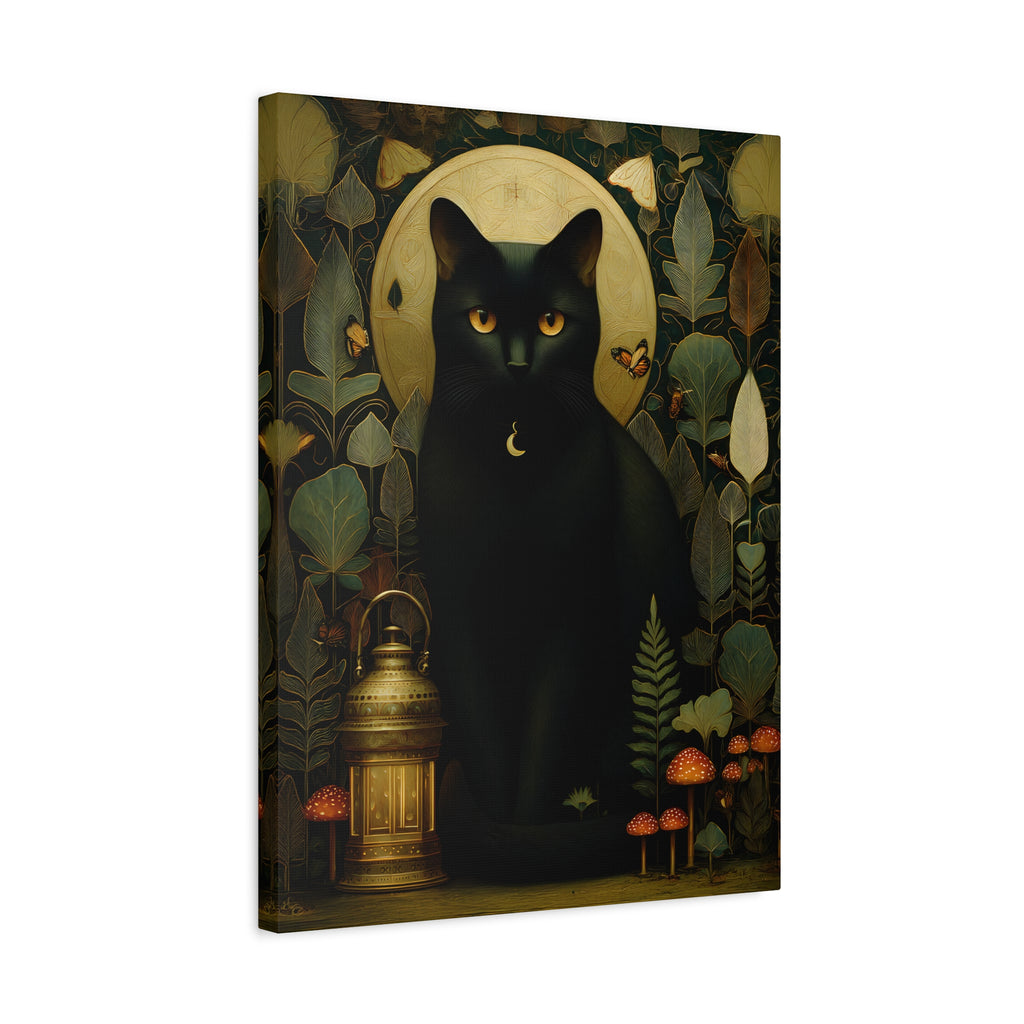 Black Cat Canvas | Forest Garden Botanical Wall Art with Painterly Texture