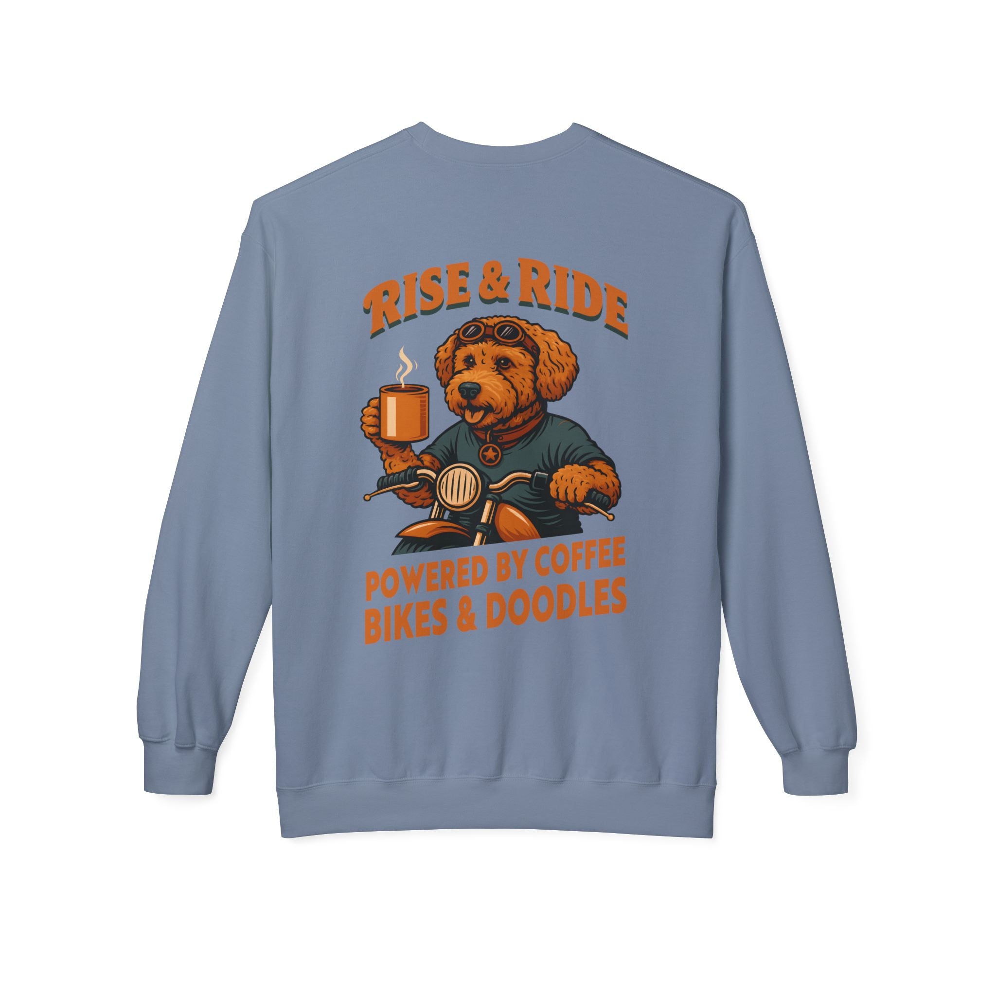 Dog Goldendoodle Biker Coffee Shirt | Rise & Ride Motorcycle Sweatshirt for Men Back Print