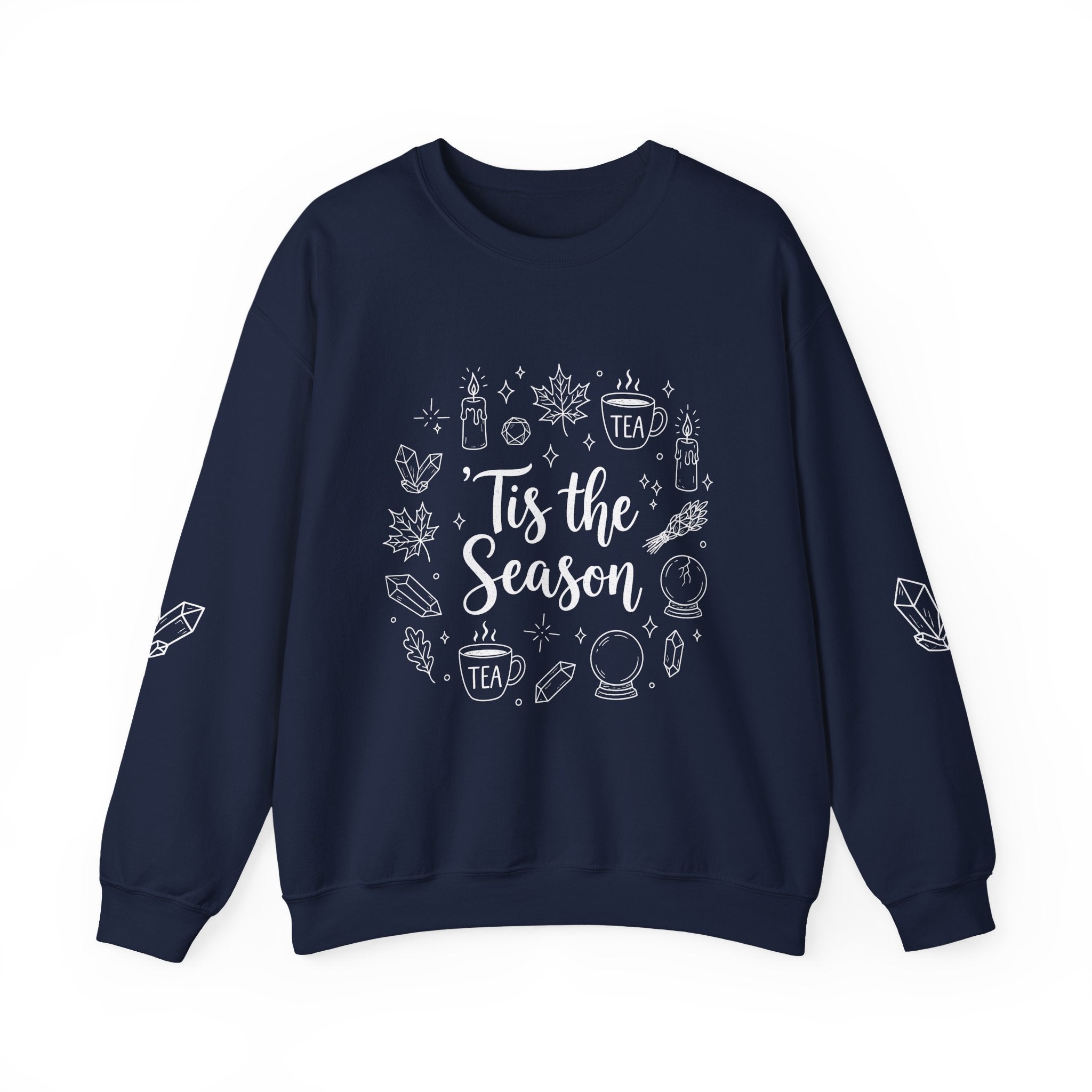 Tis the Season Doodles Sweatshirt | Mystical Celestial Holiday Mystic Crewneck with Printed Sleeves