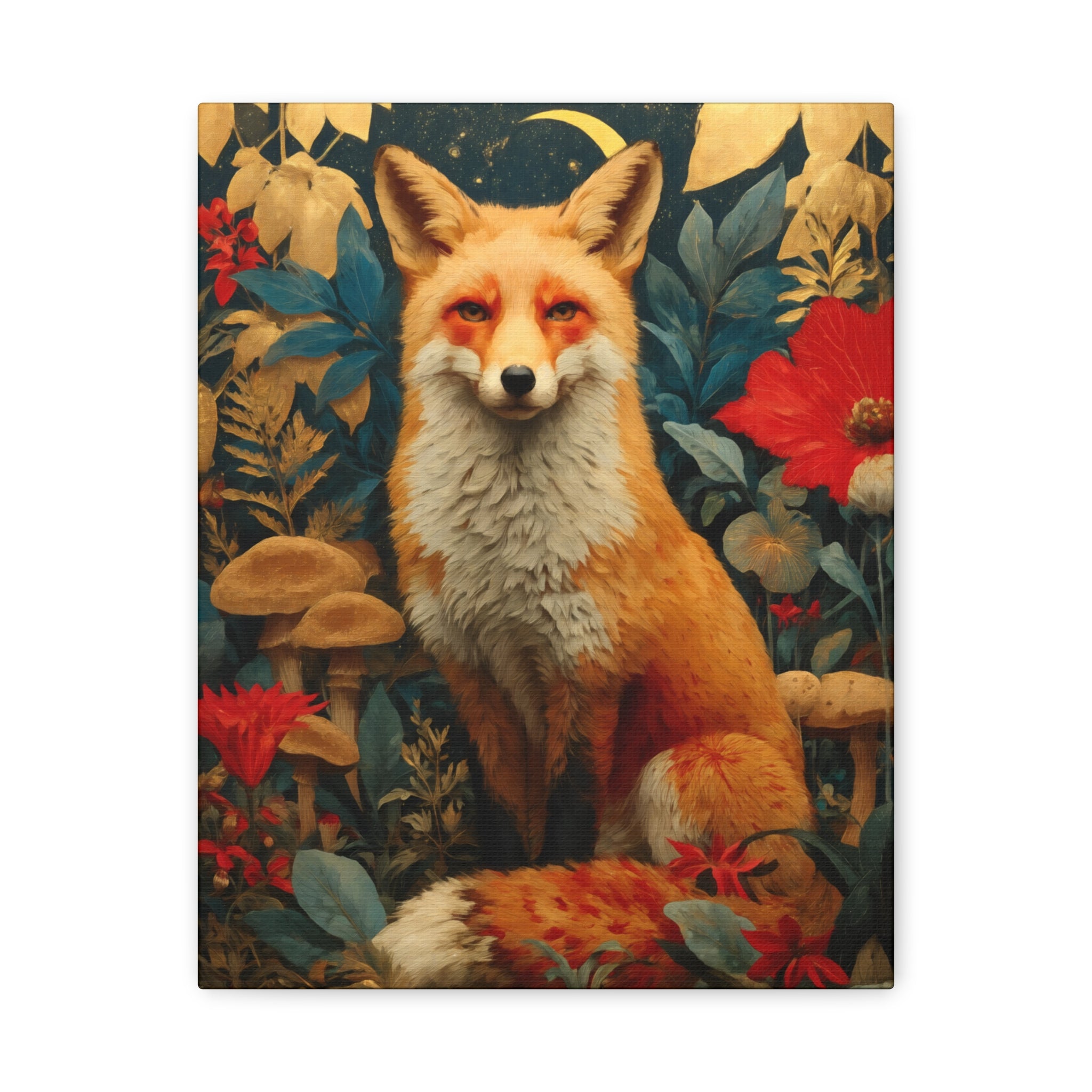 Red Fox Canvas Wall Art | Woodland Creatures Print in Deep Navy & Warm Earth Tones