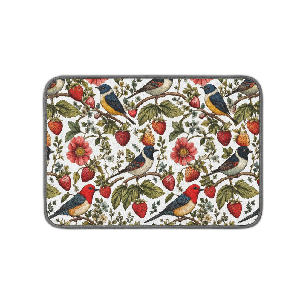Garden Songbird Strawberry Meadow kitchen dish mat with nature-inspired artwork