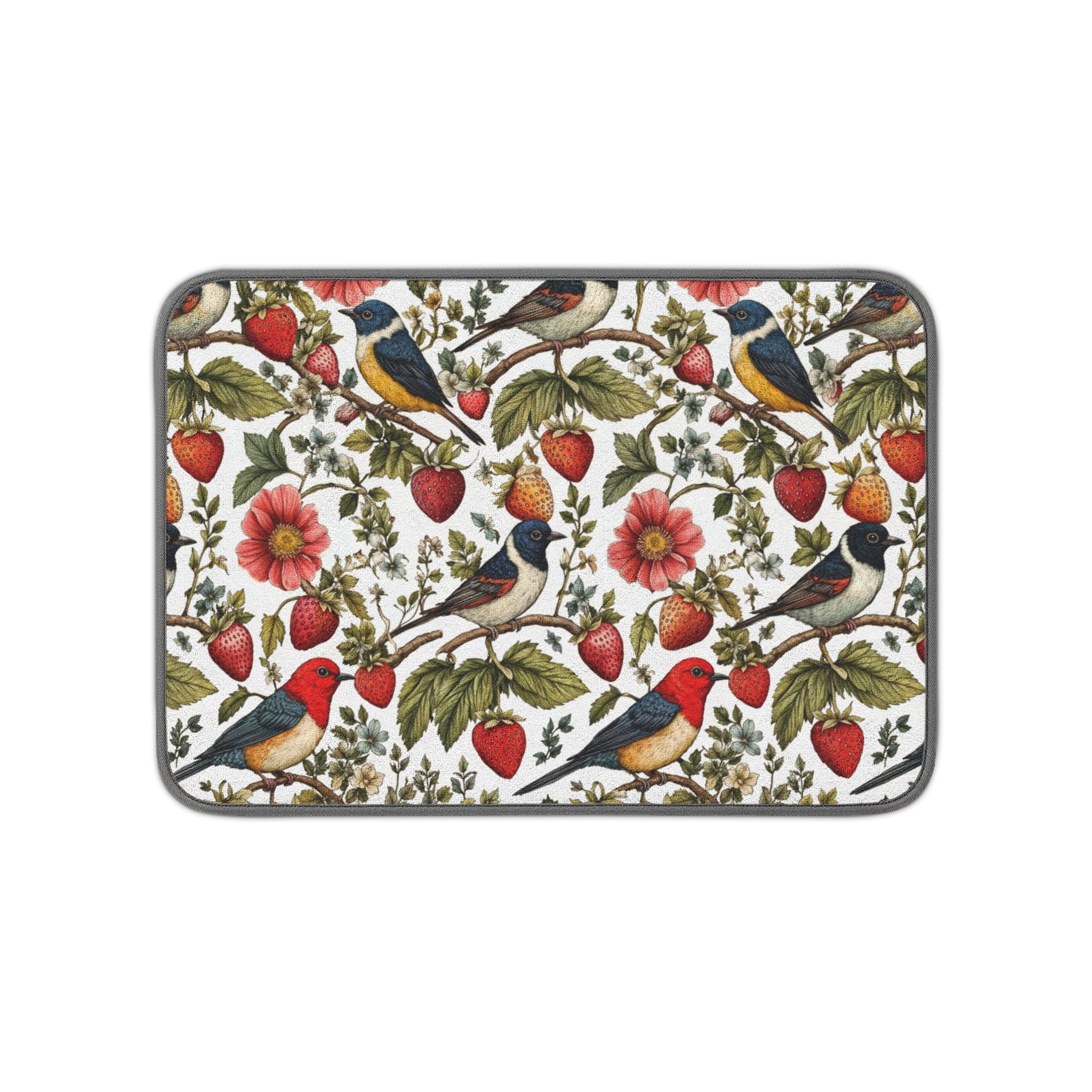 Garden Songbird Strawberry Meadow kitchen dish mat with nature-inspired artwork