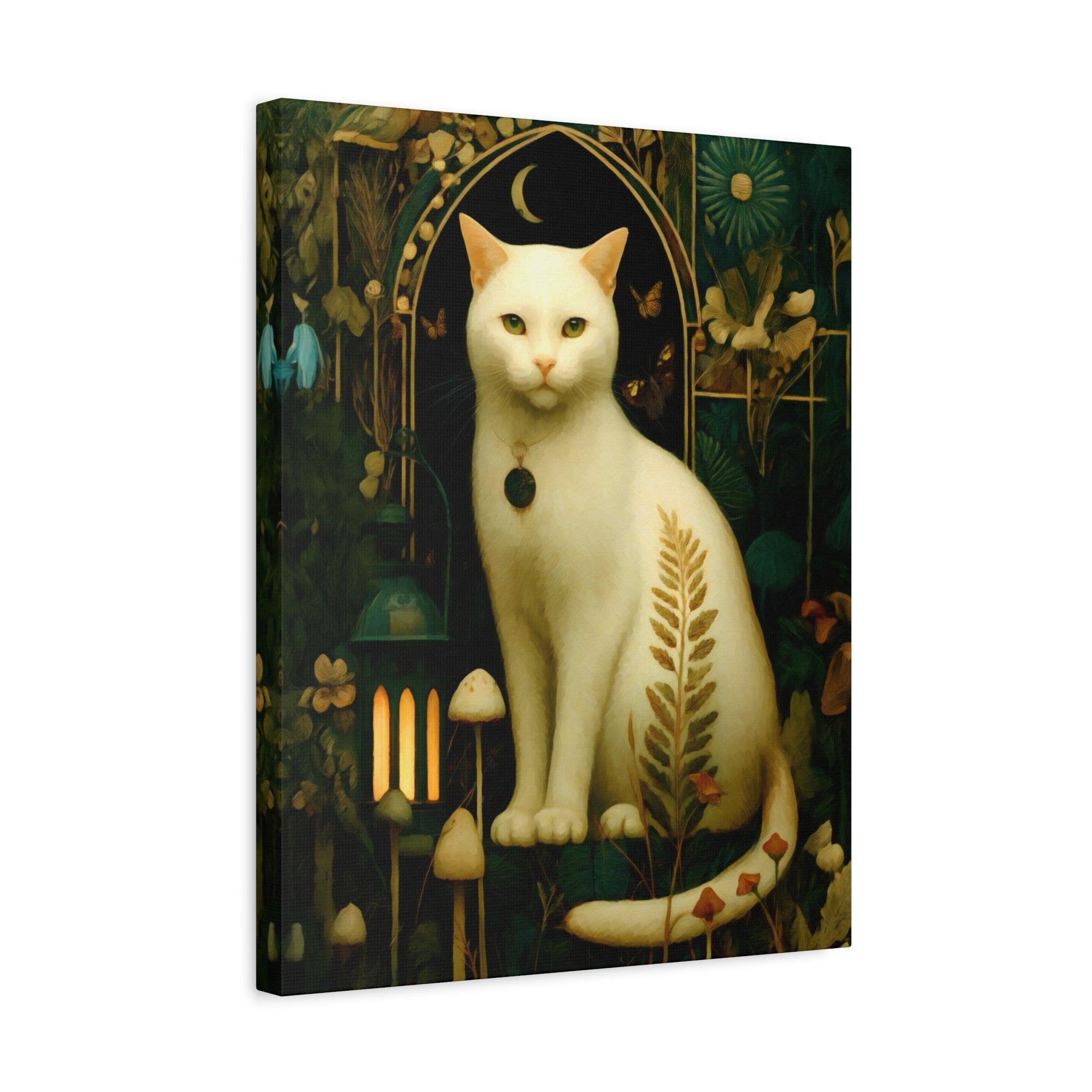 White Cat Canvas | Forest Garden Botanical Wall Art with Painterly Texture