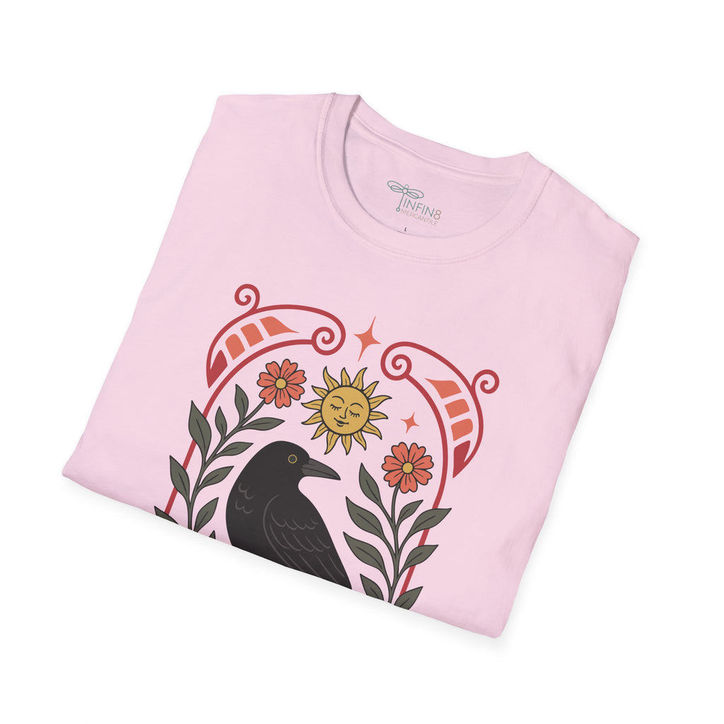 Crow Sun Folk Art Shirt | Boho Raven Tee Mystical Botanical Top Celestial Witchy Graphic T‑Shirt Gift for Her