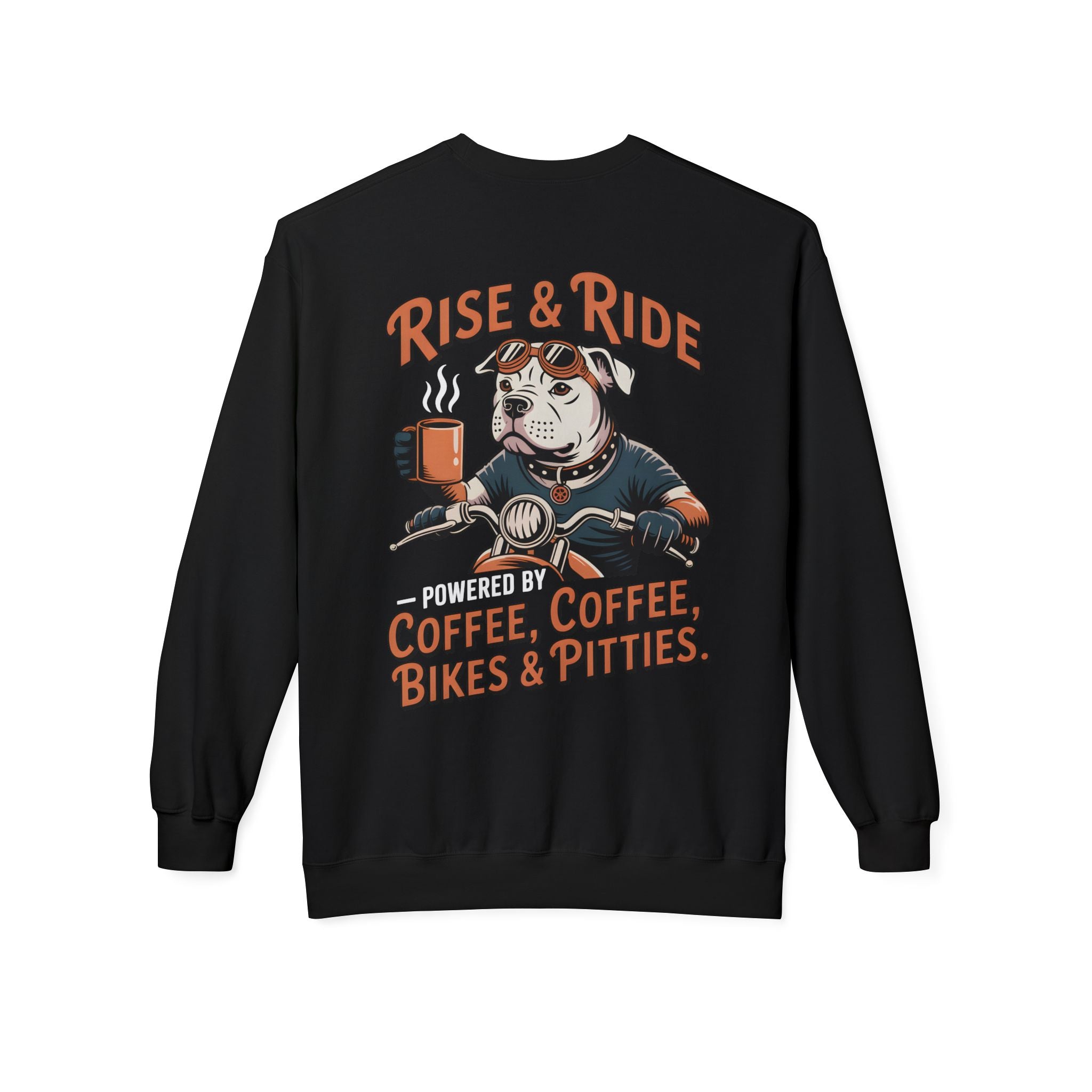 Dog White Pitbull Biker Coffee Pullover | Men's Motorcycle Sweatshirt with Back Print