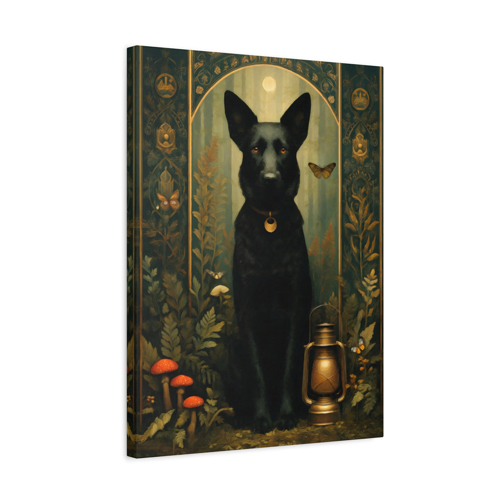 Black German Shepherd Canvas | Forest Garden Botanical Dog Wall Art with Painterly