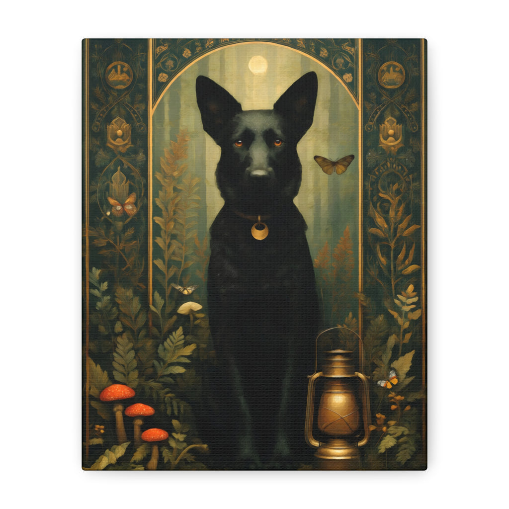 Black German Shepherd Canvas | Forest Garden Botanical Dog Wall Art with Painterly