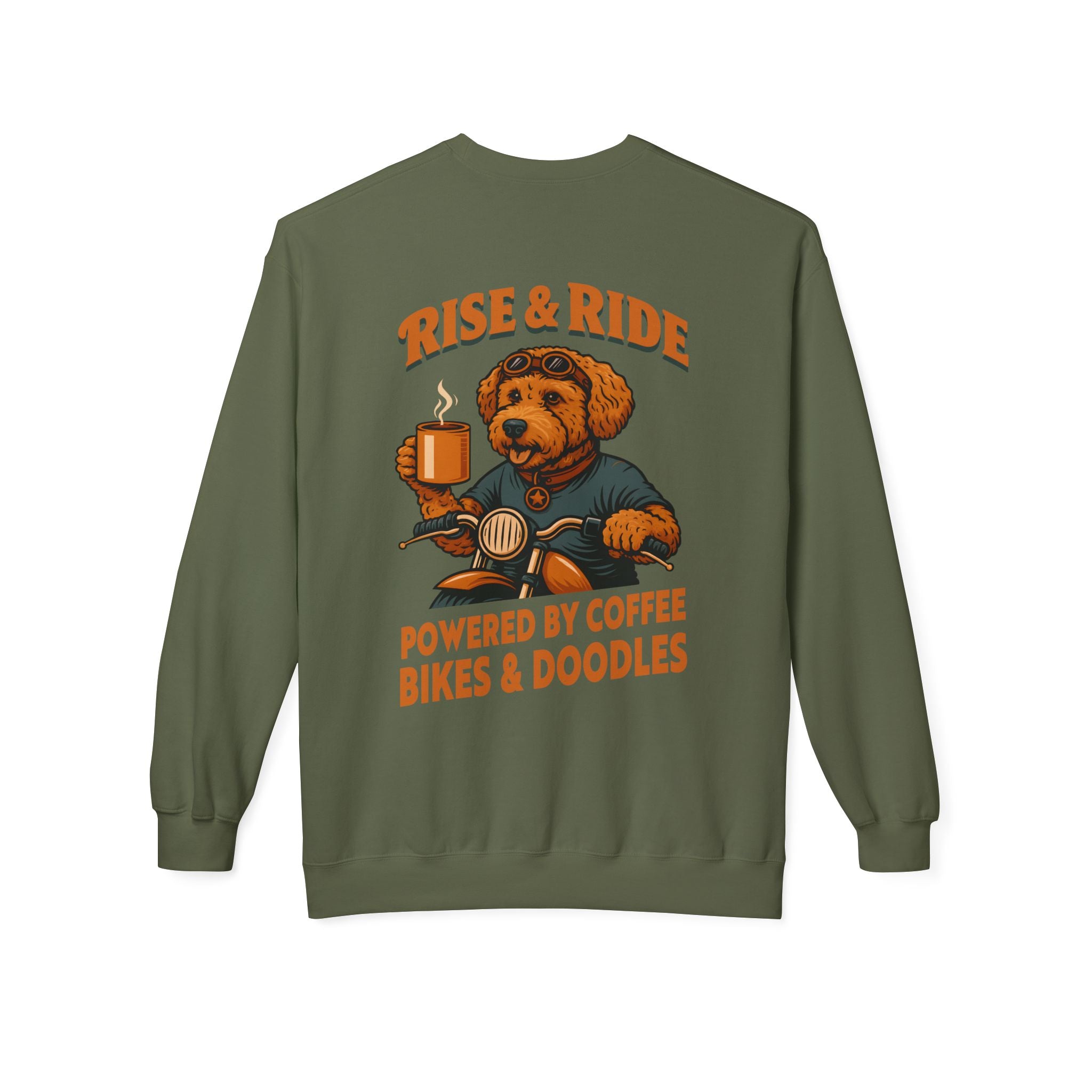 Dog Goldendoodle Biker Coffee Shirt | Rise & Ride Motorcycle Sweatshirt for Men Back Print