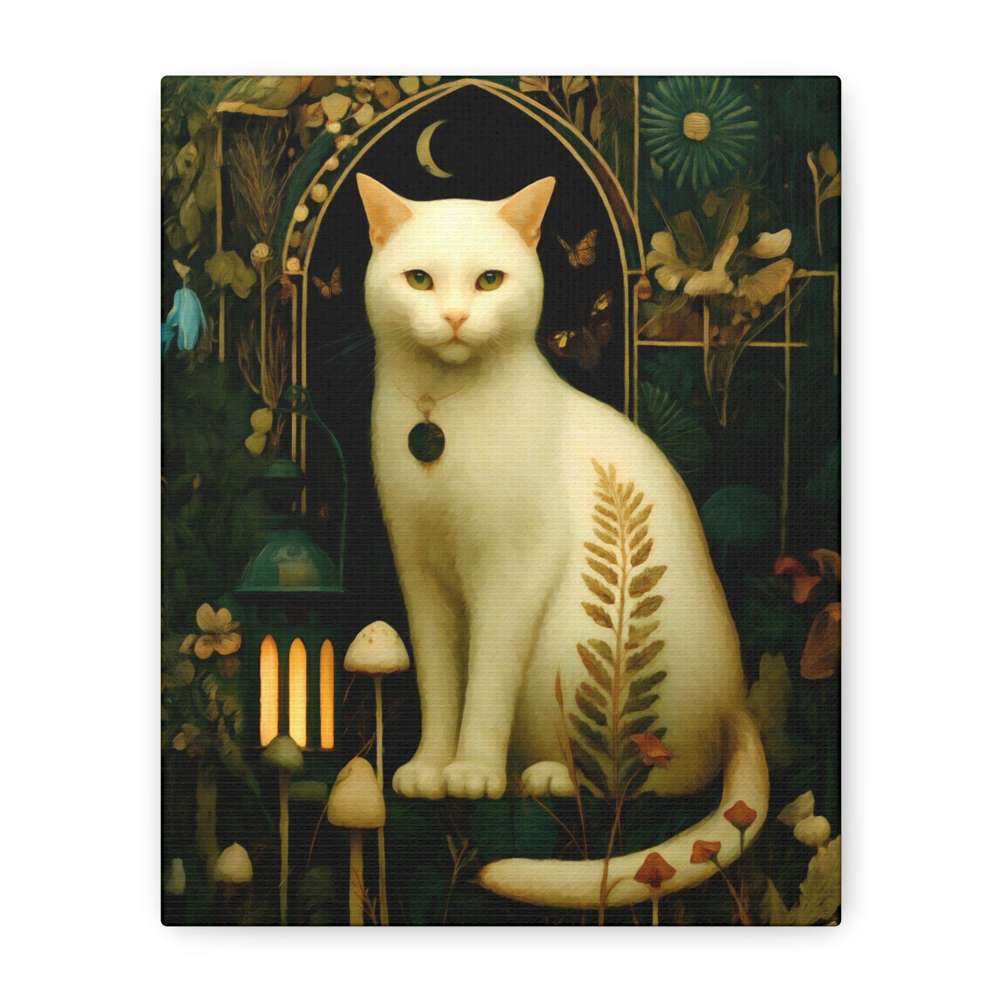 White Cat Canvas | Forest Garden Botanical Wall Art with Painterly Texture