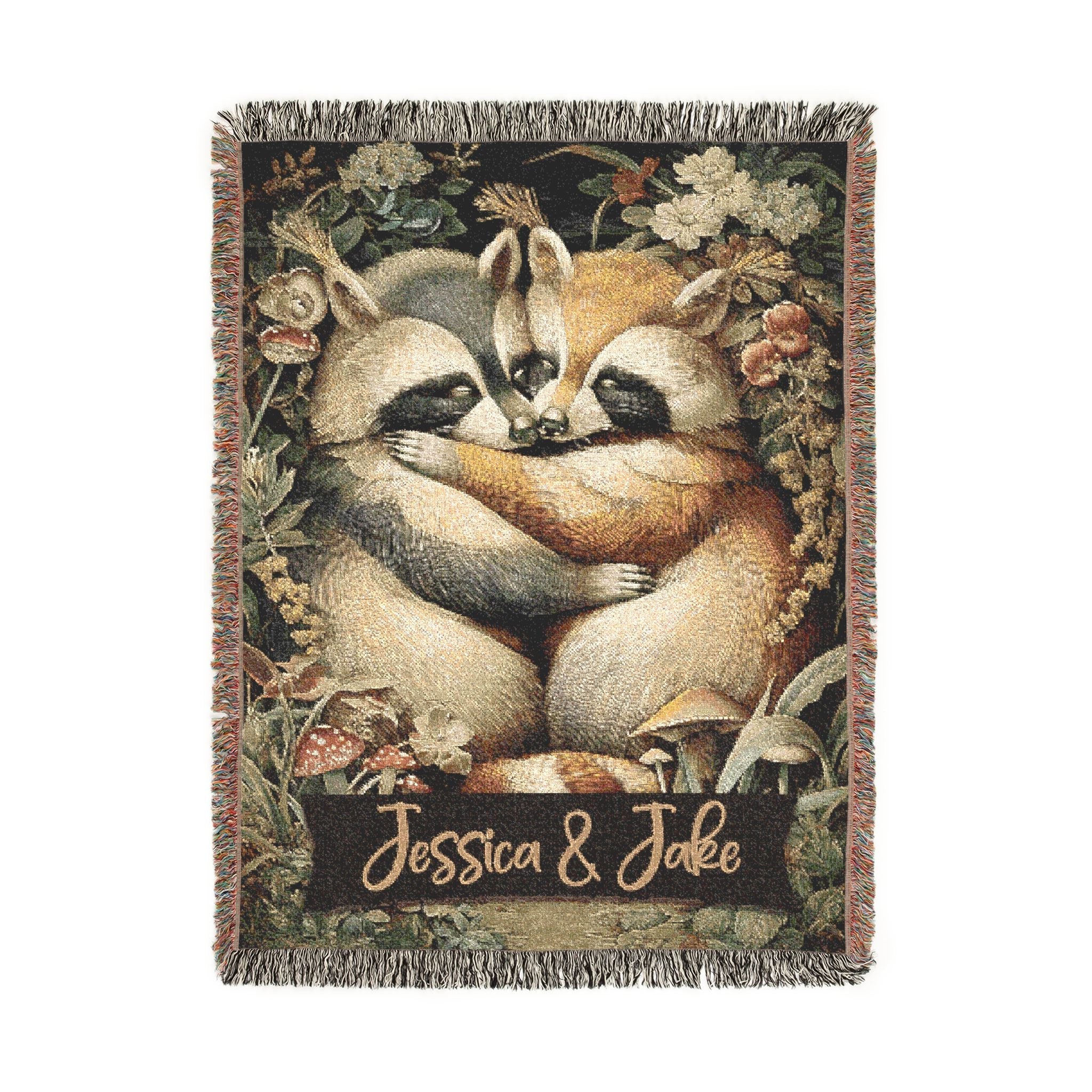 Valentine Custom Raccoon Woven Tapestry Blanket | Personalized Cabincore Woodland Gift