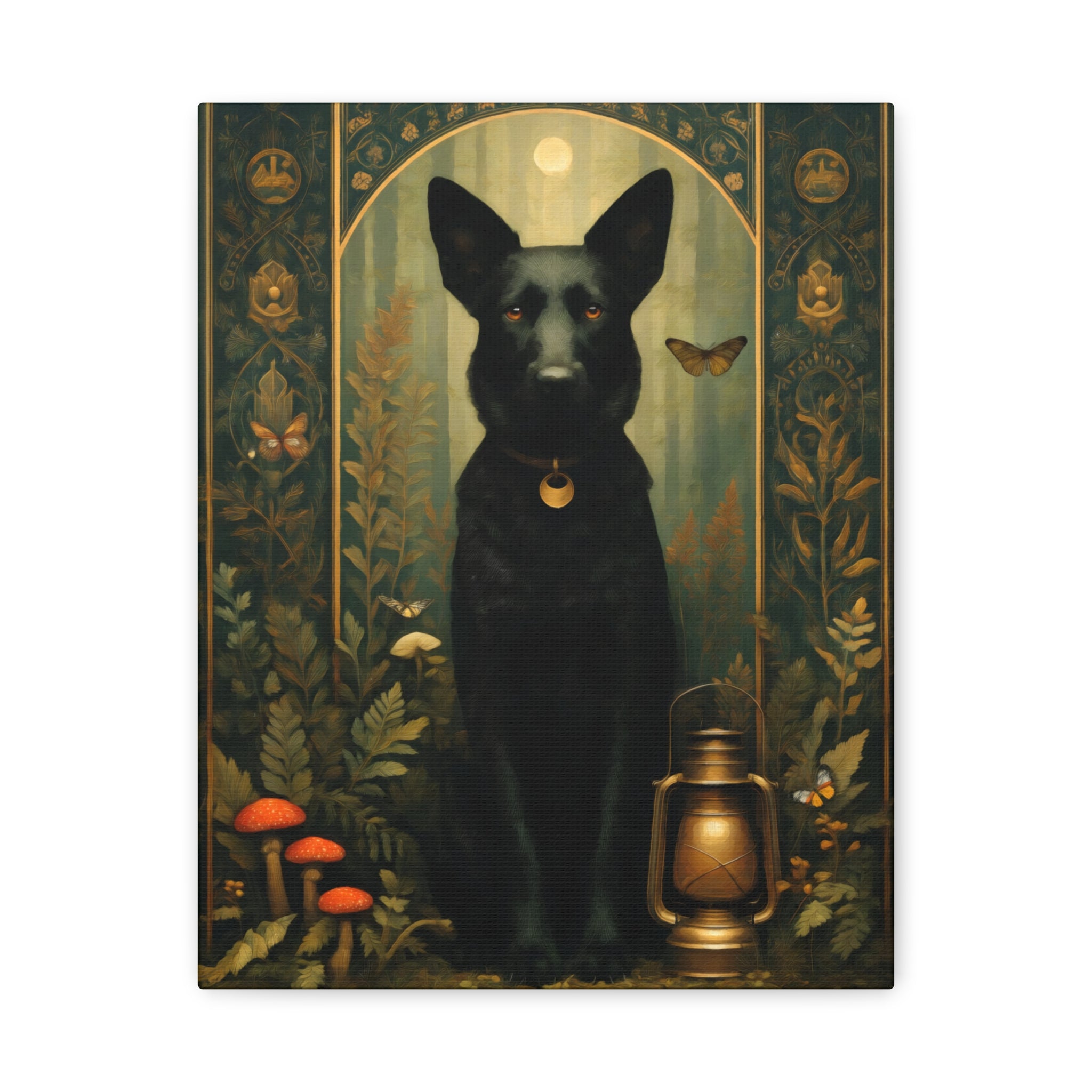 Black German Shepherd Canvas | Forest Garden Botanical Dog Wall Art with Painterly