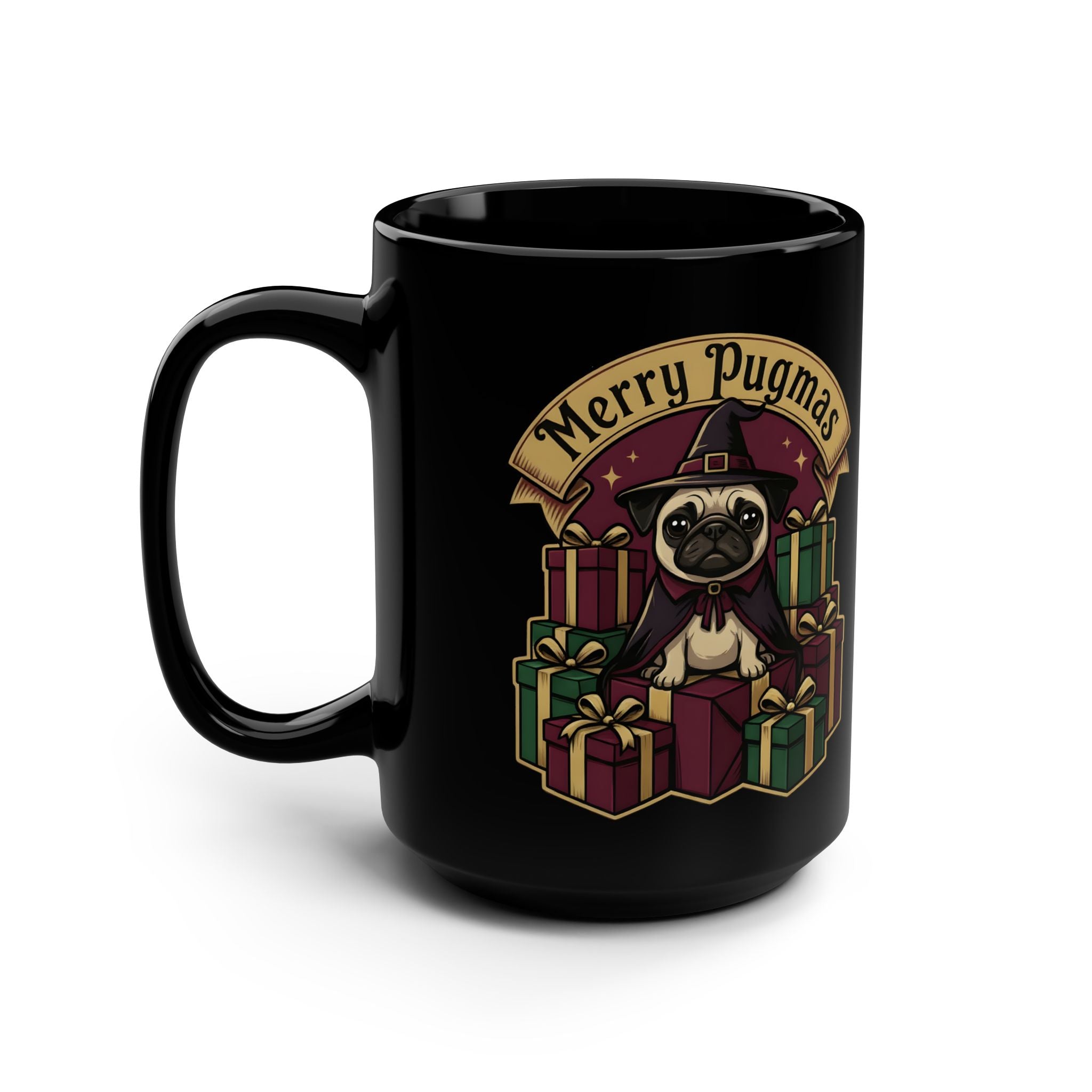 Merry Pugmas Pug with Presents Mug | 15oz Black Mug