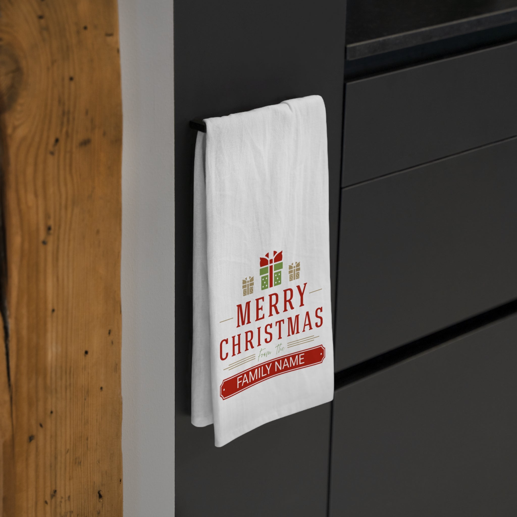 Personalized Christmas Tea Towel, Holiday Kitchen Décor, Custom Gift, Family Name Towel, Festive Home Accessory