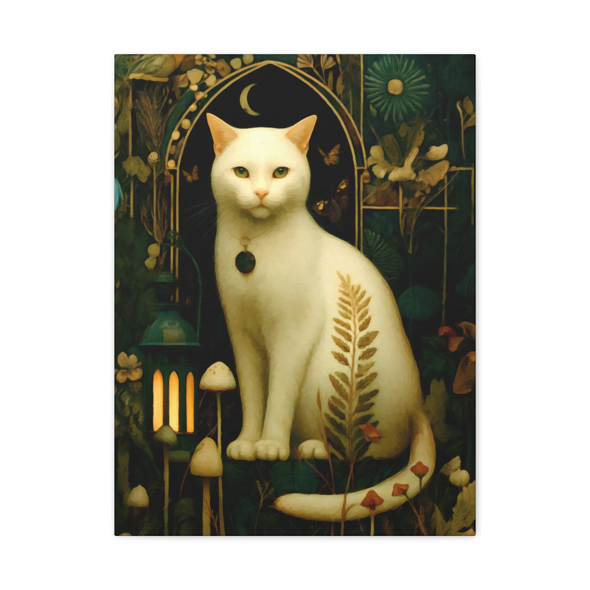 White Cat Canvas | Forest Garden Botanical Wall Art with Painterly Texture