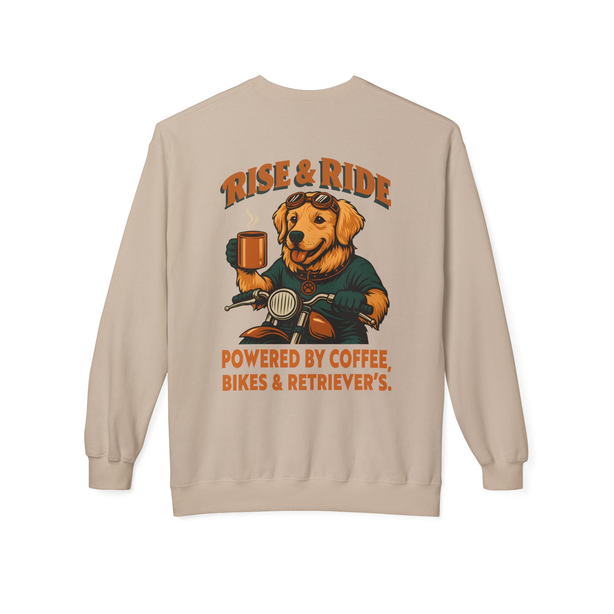 Dog Golden Retriever Biker Coffee Shirt | Rise & Ride Motorcycle Sweatshirt for Men Back Print