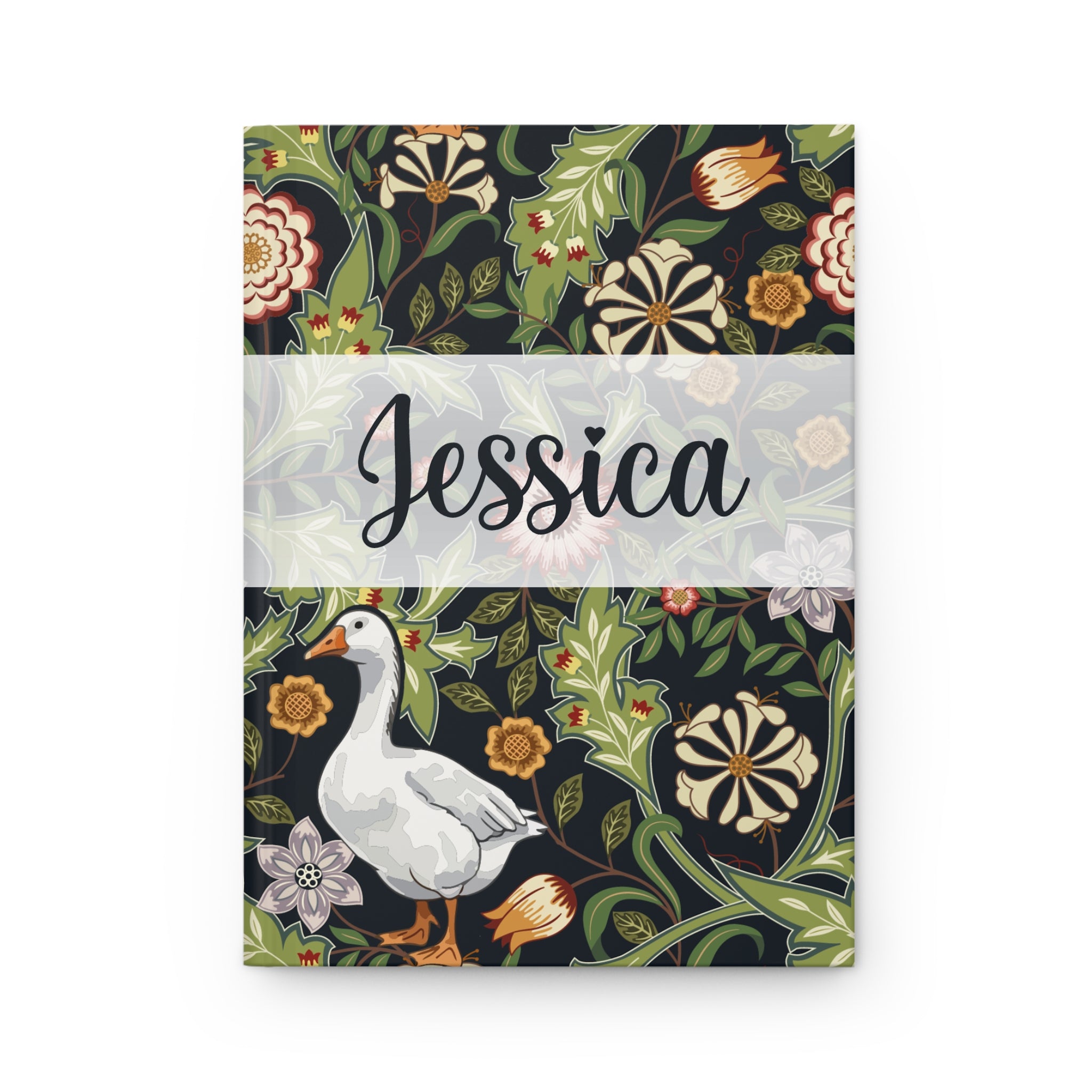 Notebook with floral design and goose illustration on a white background
