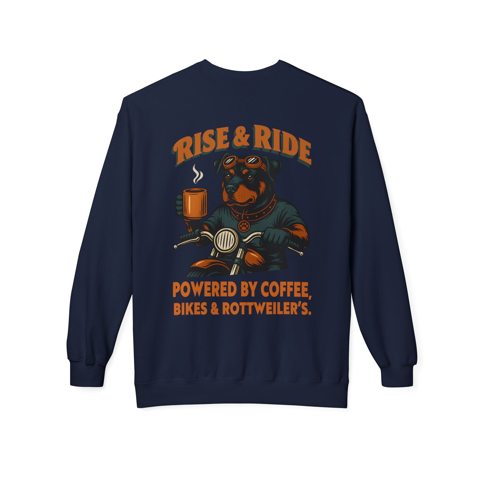 Dog Rottweiler Biker Coffee Shirt | Rise & Ride Motorcycle Sweatshirt for Men Back Print
