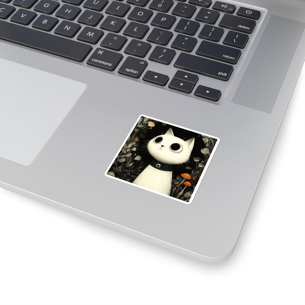 Wide-Eyed White Cat Square Sticker | Cute Cat Illustration, Mushroom Forest
