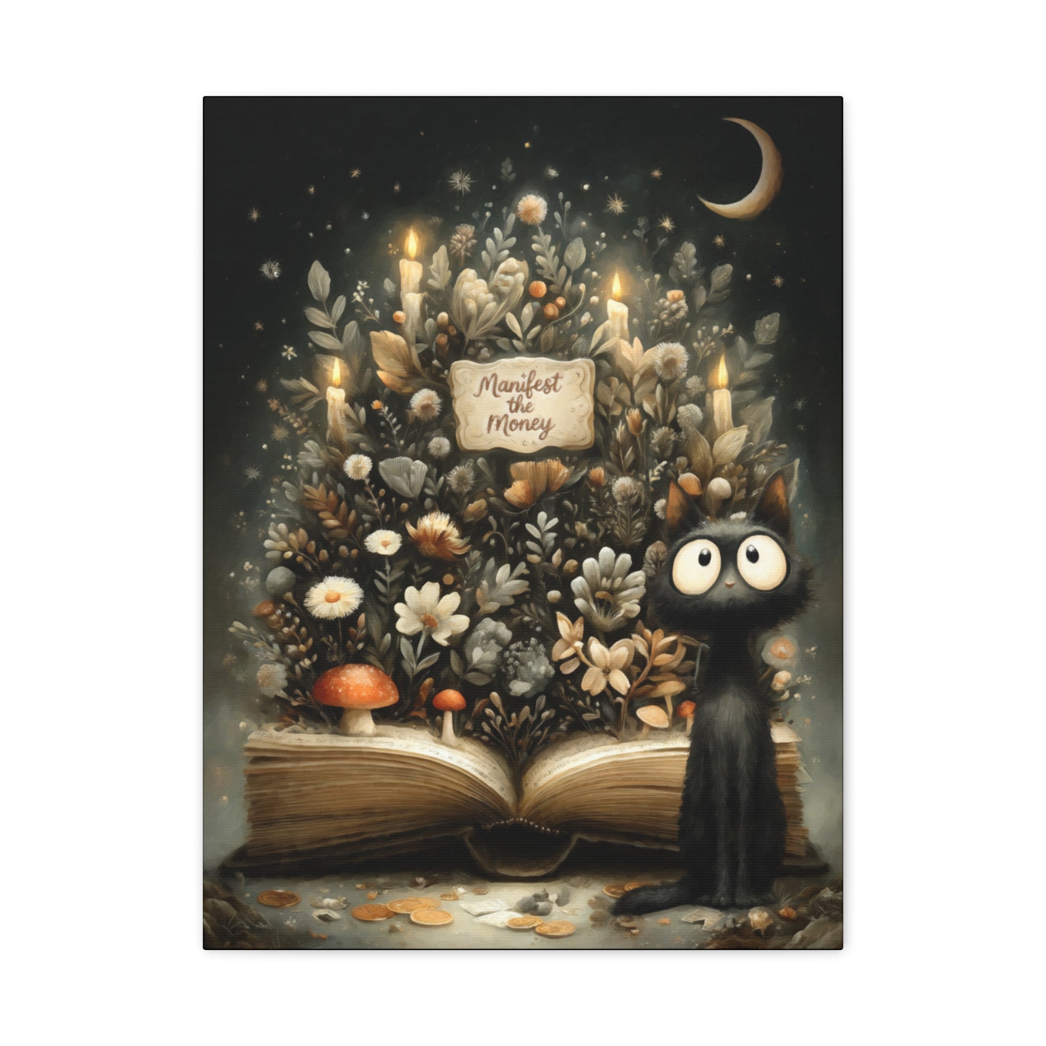 Manifest the Money Canvas Art | Mystical Black Cat Floral Painting for Cozy Home Decor