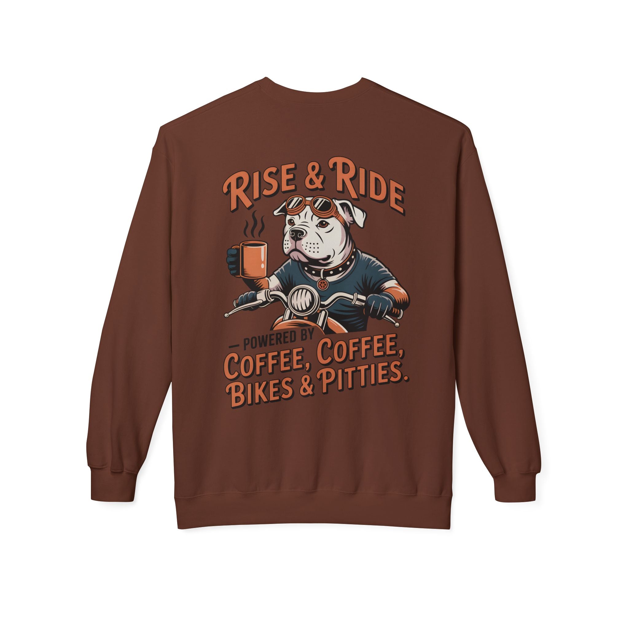 Dog White Pitbull Biker Coffee Pullover | Men's Motorcycle Sweatshirt with Back Print
