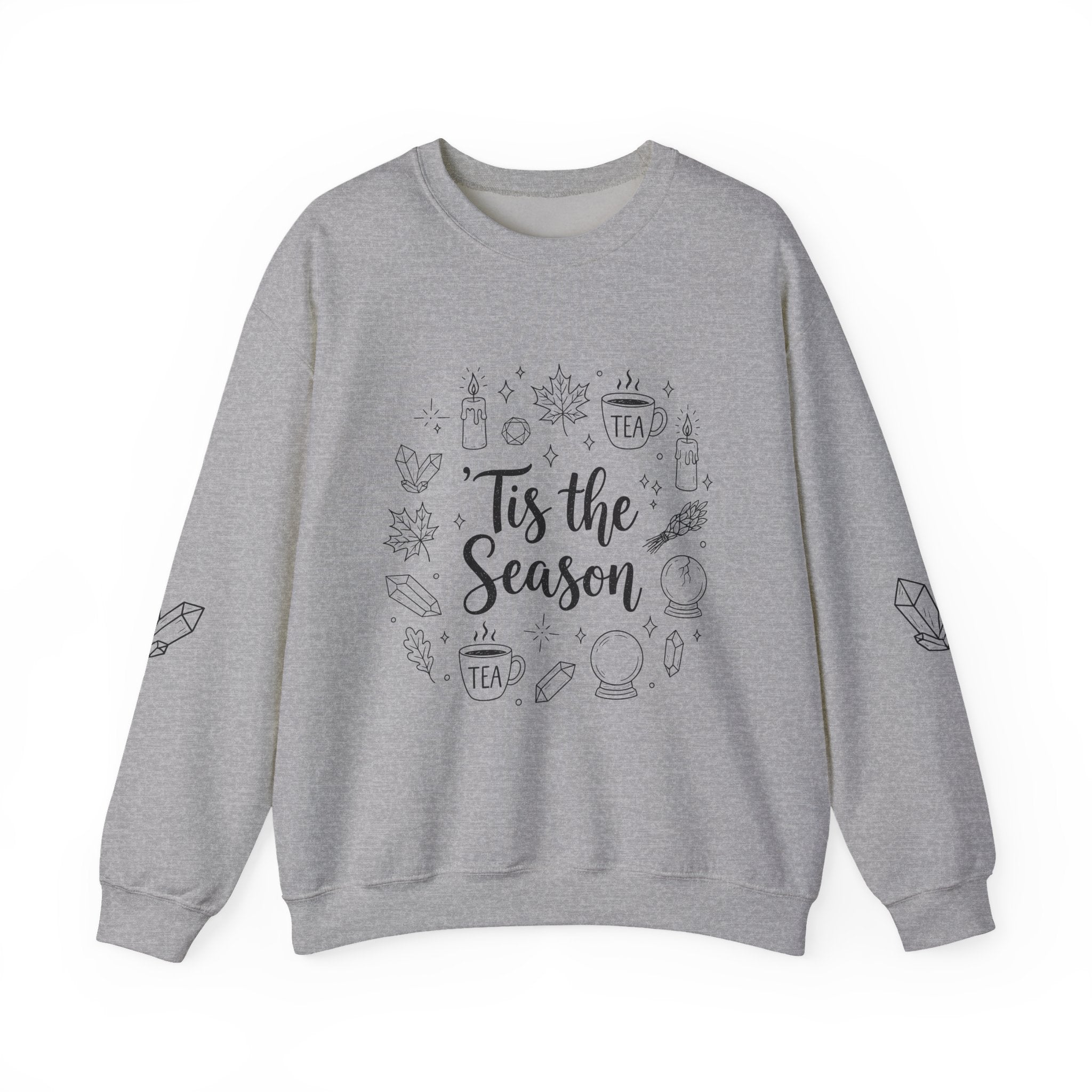 Tis the Season Doodles Sweatshirt | Mystical Celestial Holiday Mystic Crewneck with Printed Sleeves