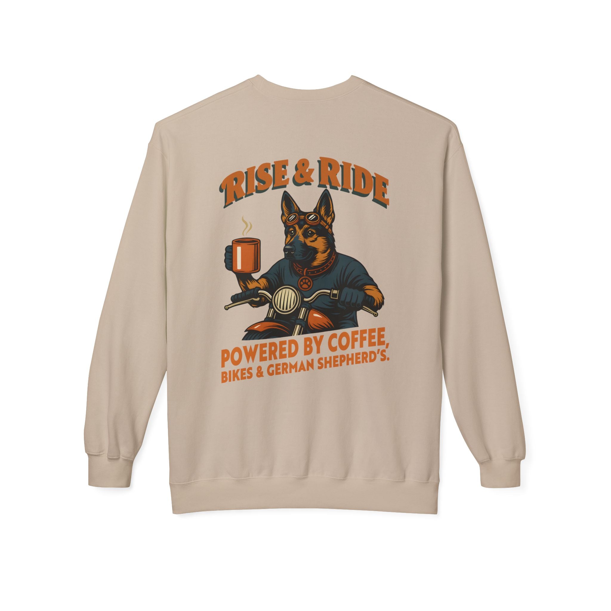 Dog German Shepherd Biker Coffee Shirt | Rise & Ride Motorcycle Sweatshirt for Men Back Print