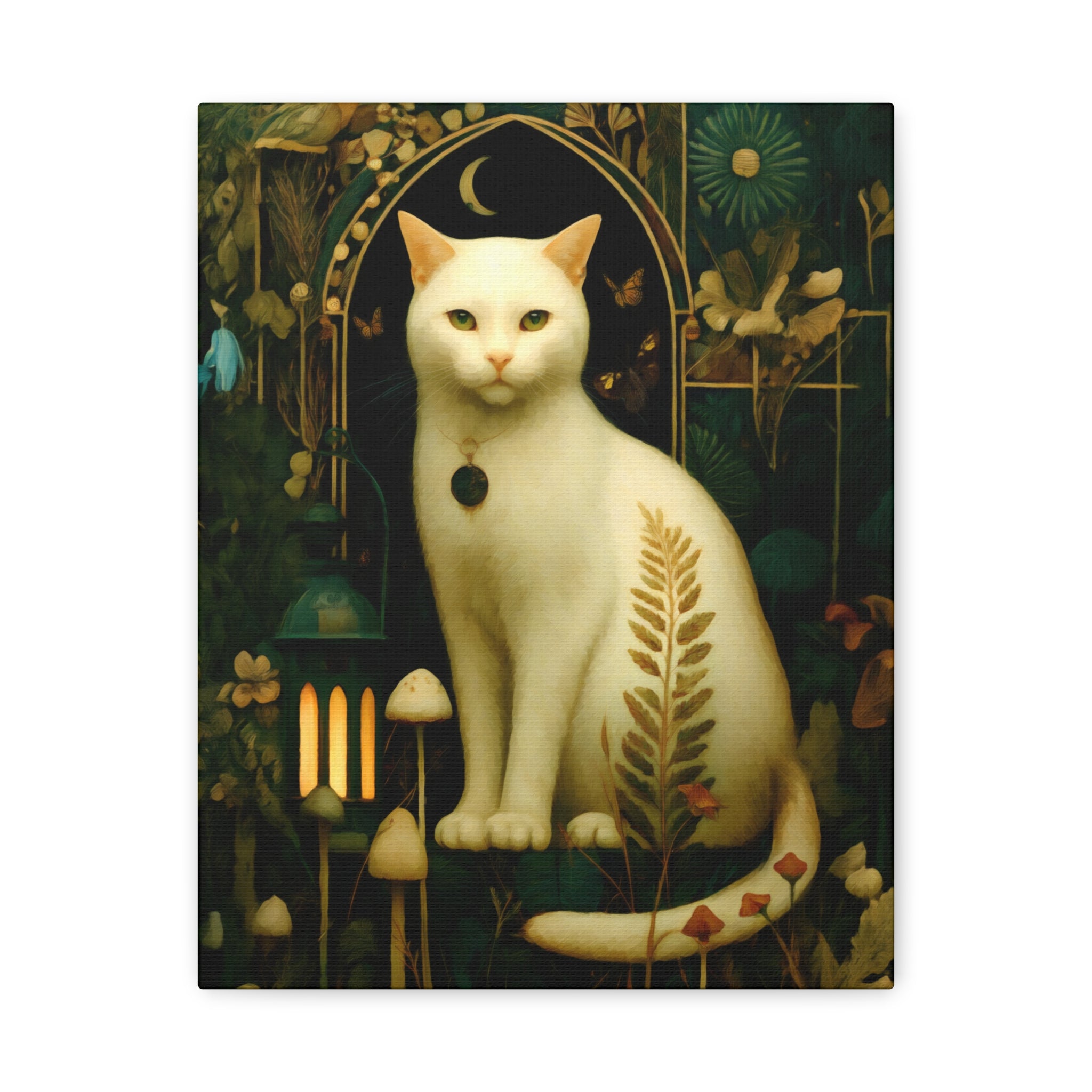 White Cat Canvas | Forest Garden Botanical Wall Art with Painterly Texture