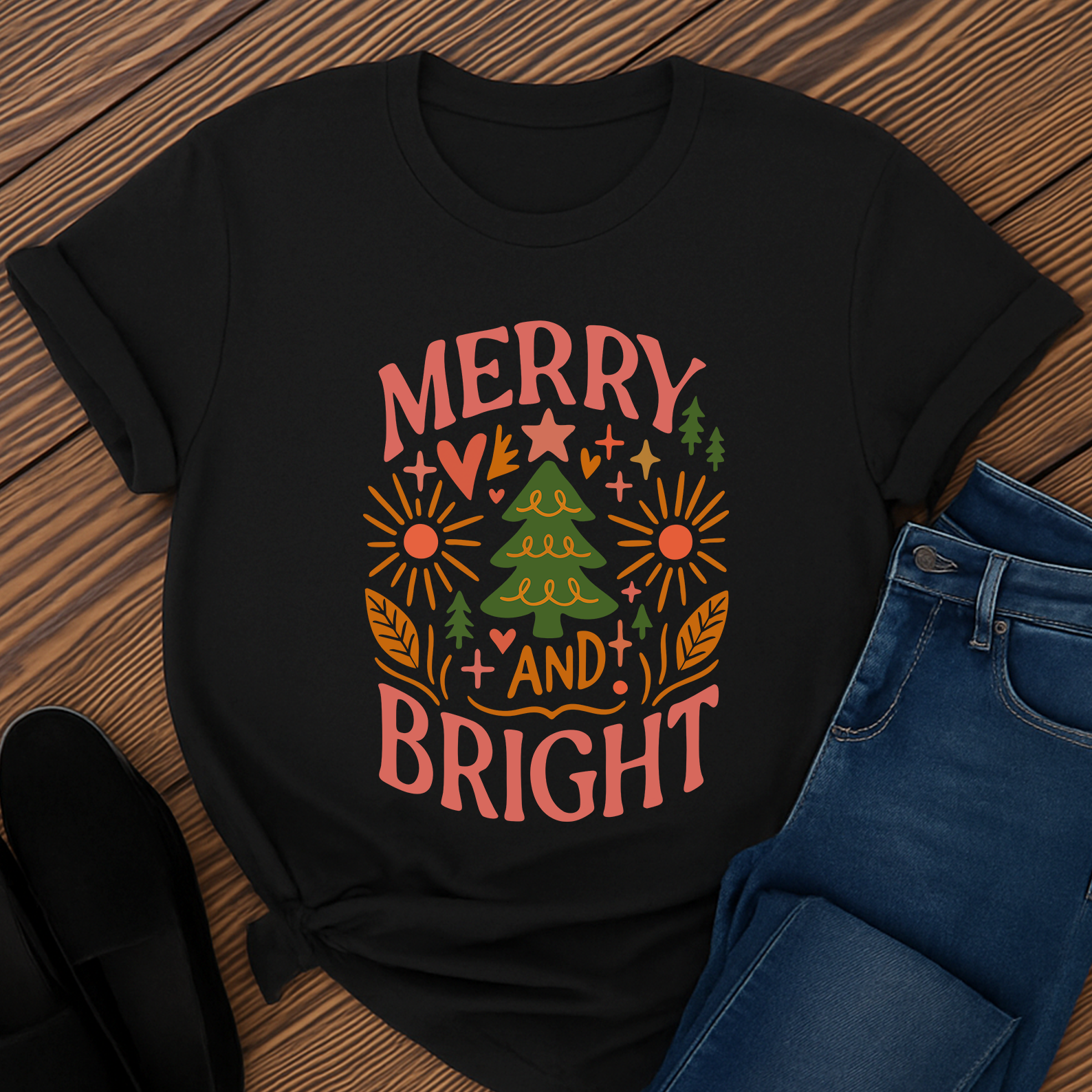 Boho Christmas T-Shirt | Merry and Bright Floral Graphic Tee
