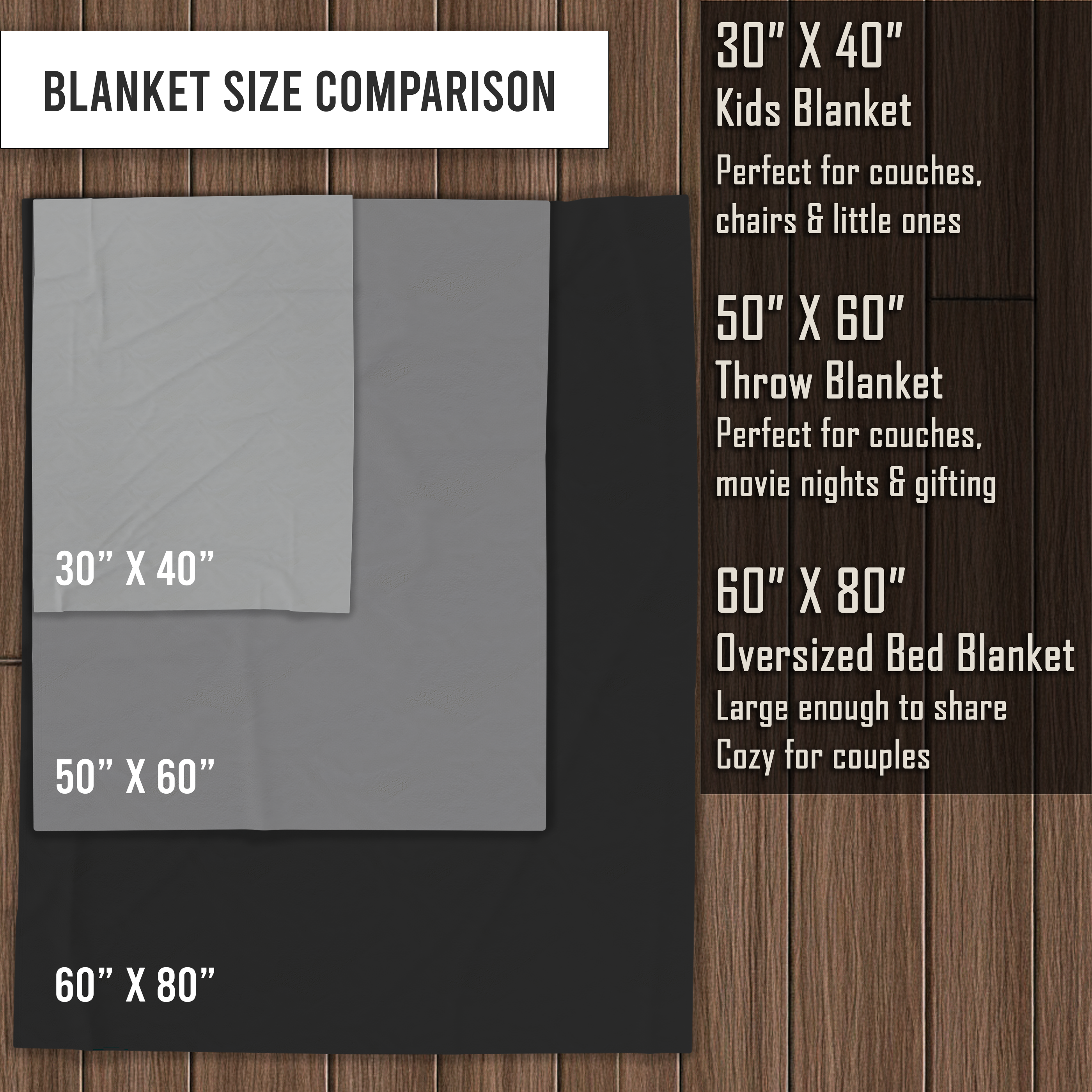 Comparison of blanket sizes with dimensions labeled on a wooden background