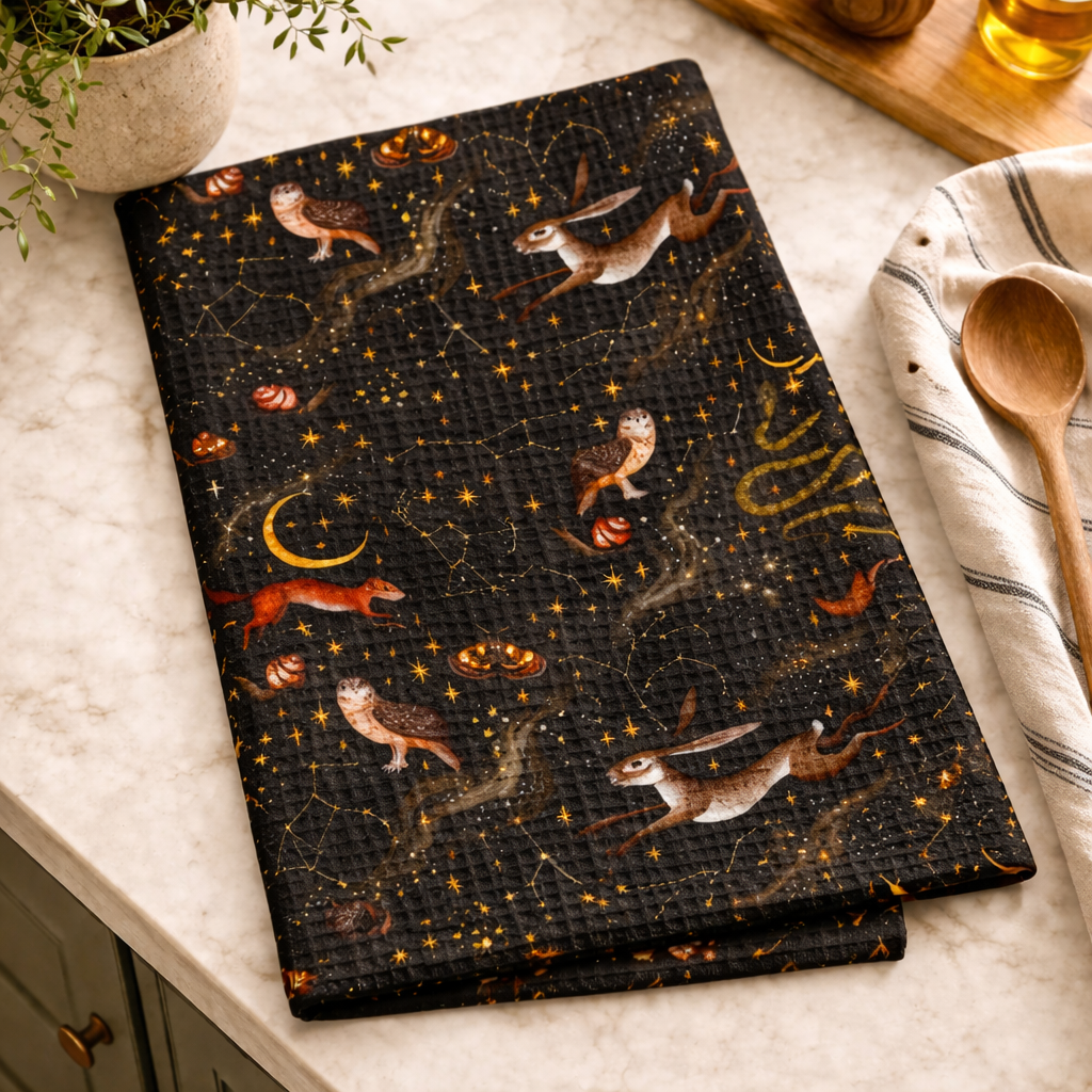 Celestial Woodland Drift | Cottagecore Tea Towel | Botanical Woodland Kitchen Towel, Vintage Nature Kitchen Decor