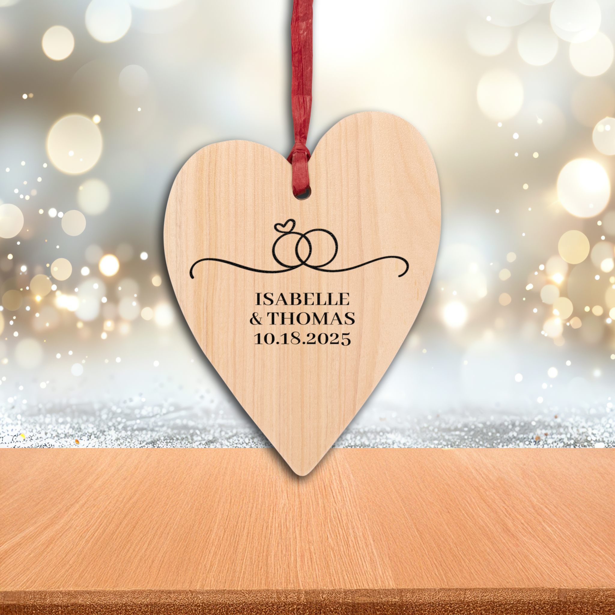 Personalized Engagement Wooden Ornament | Wedding Day Christmas Ornament Wood Heart