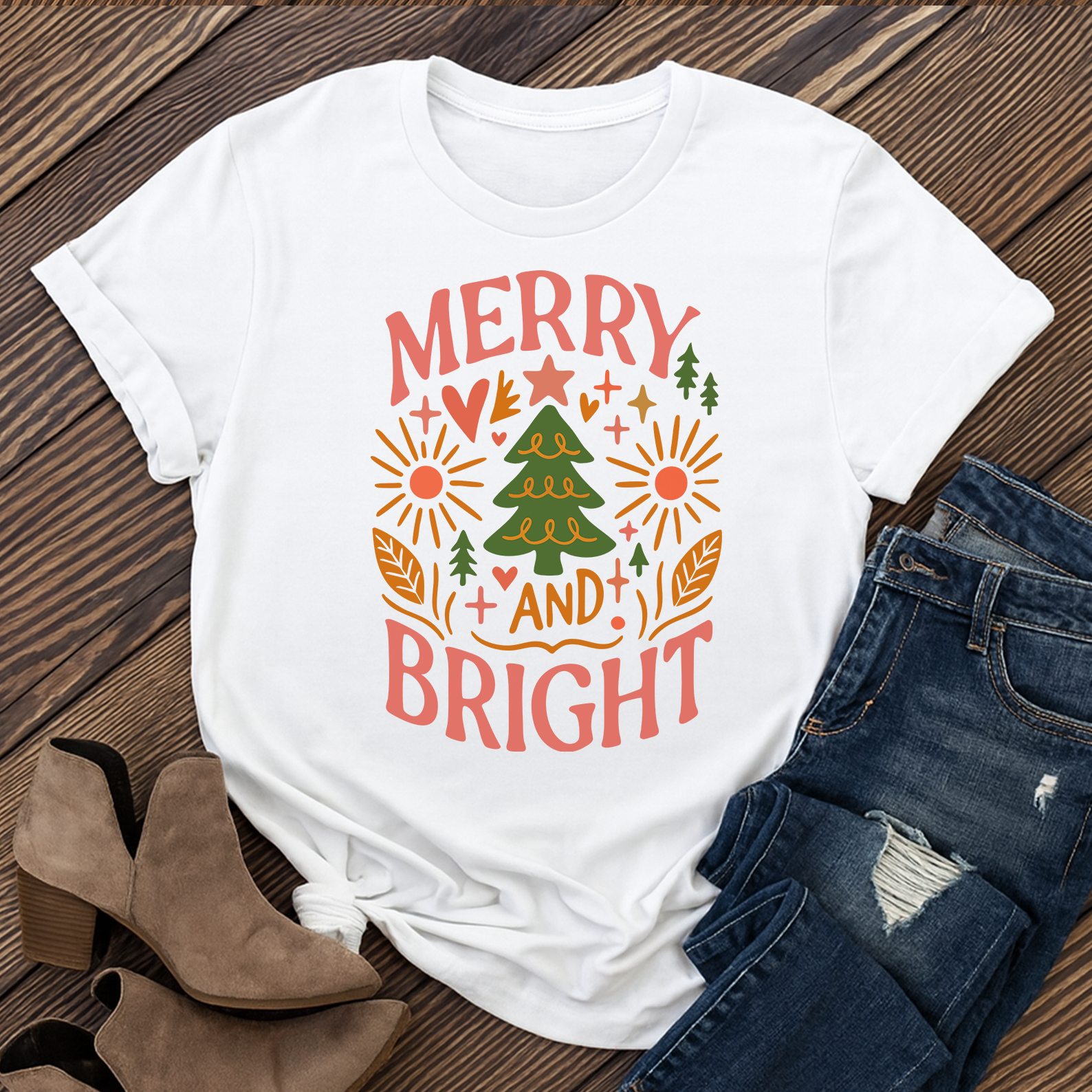Boho Christmas T-Shirt | Merry and Bright Floral Graphic Tee