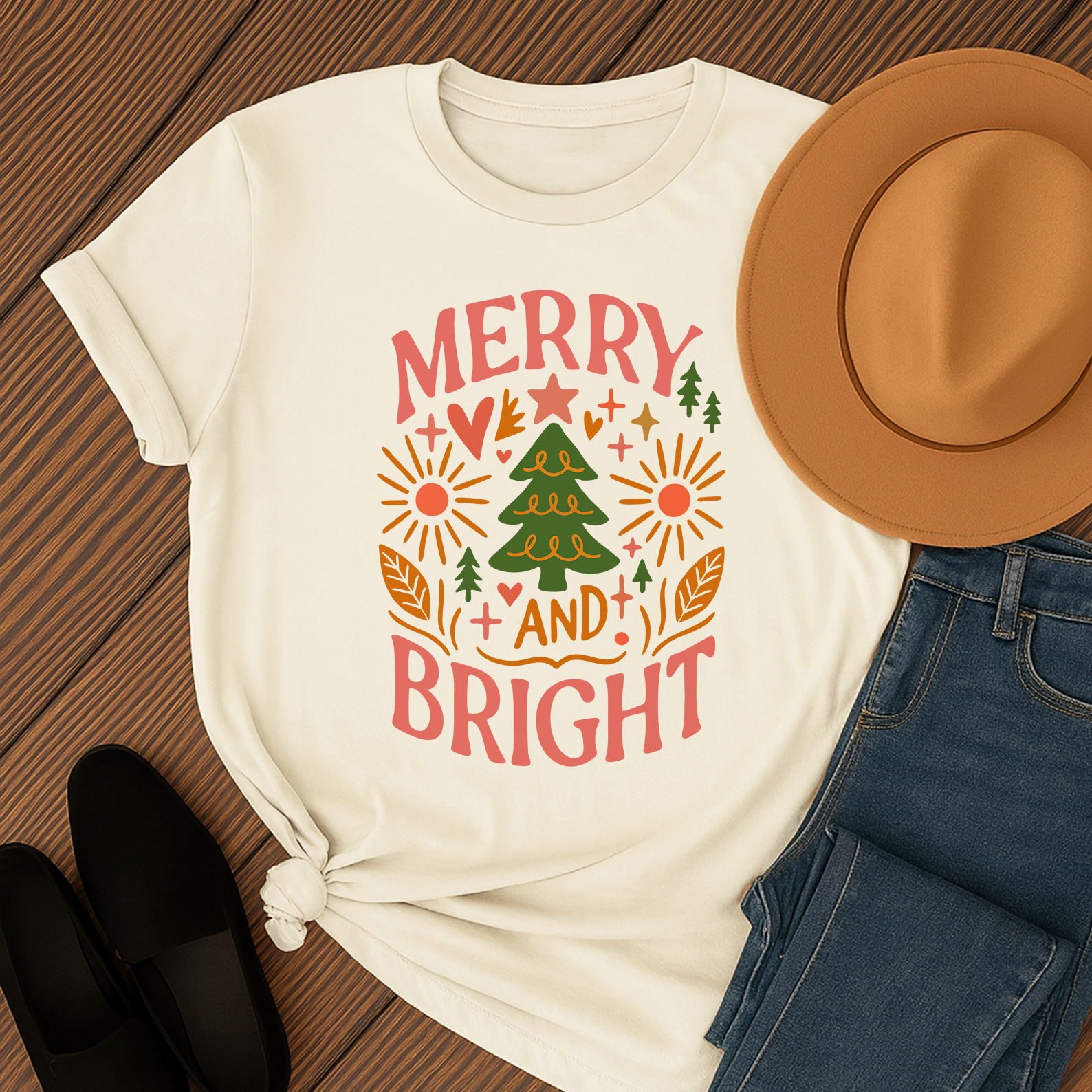 Boho Christmas T-Shirt | Merry and Bright Floral Graphic Tee