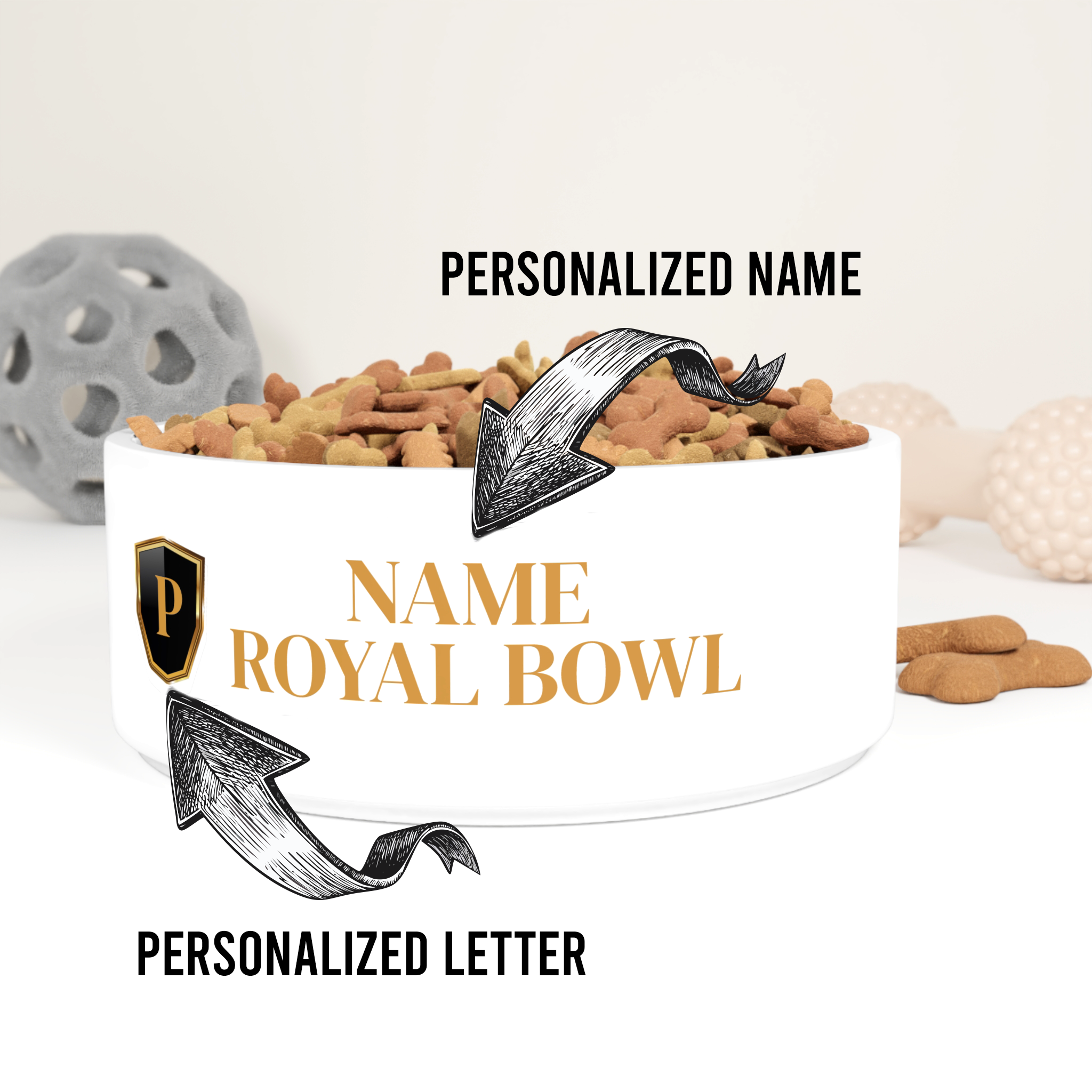 Gold Crest Monogram Bowl Pet Bowl | Personalized Gold Monogram Ceramic