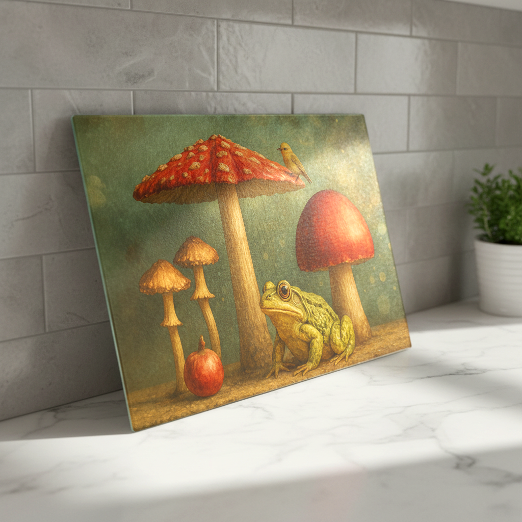 Whimsical Mushroom Frog Glass Cutting Board | Nature Lover Gift, Eco‑Friendly Kitchen Decor, Unique Serving Tray