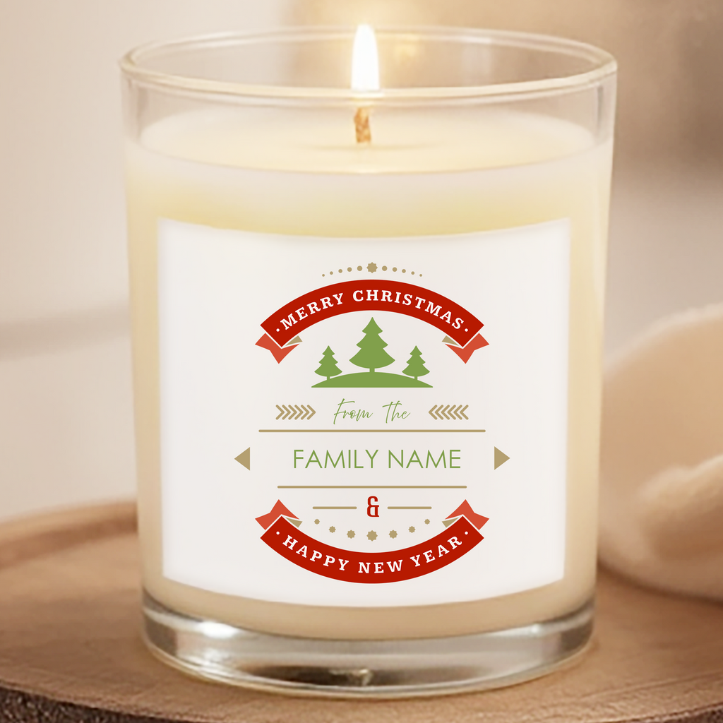 Candle with a personalized Christmas label on a neutral background