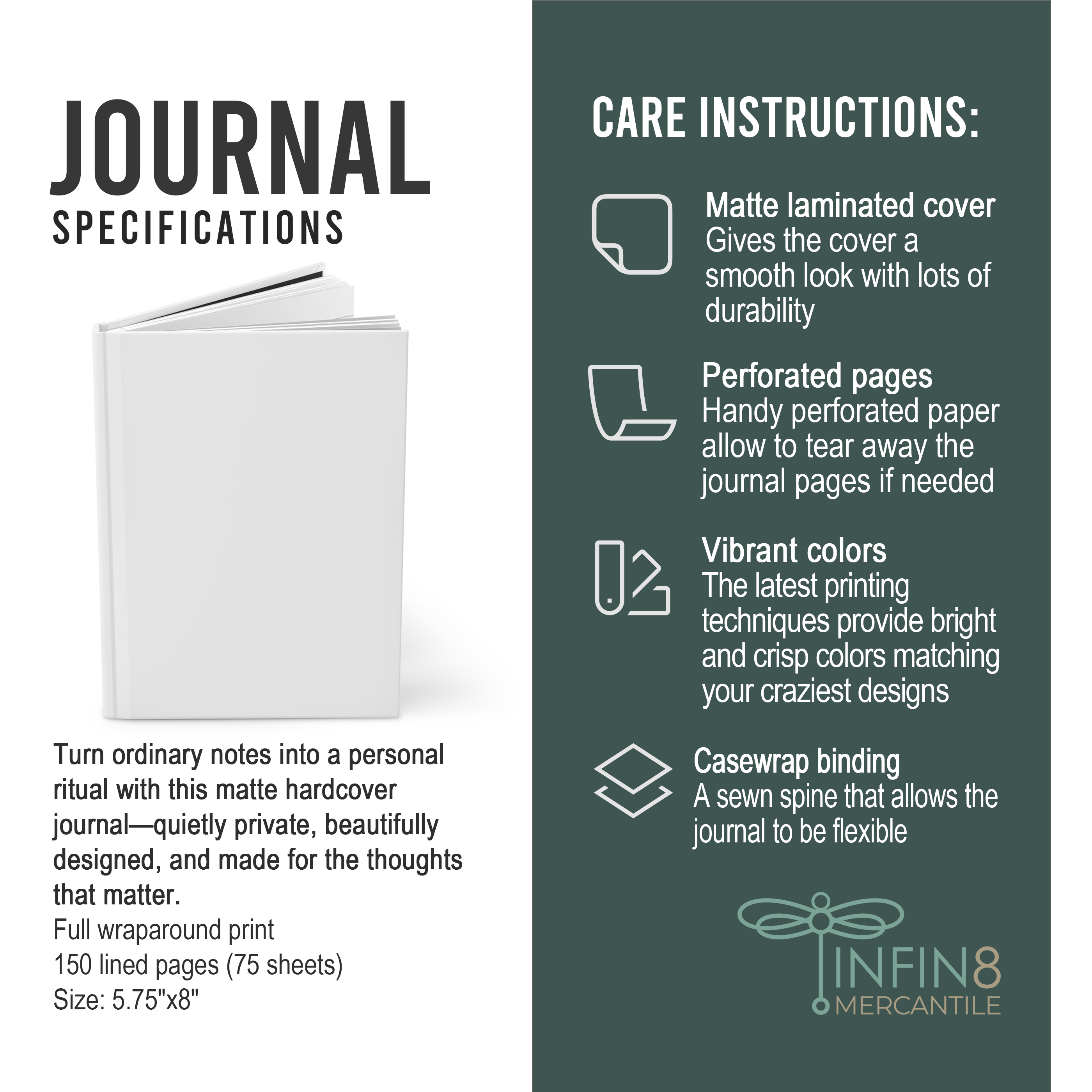 Journal specifications and care instructions with INFIN8 Mercantile branding.