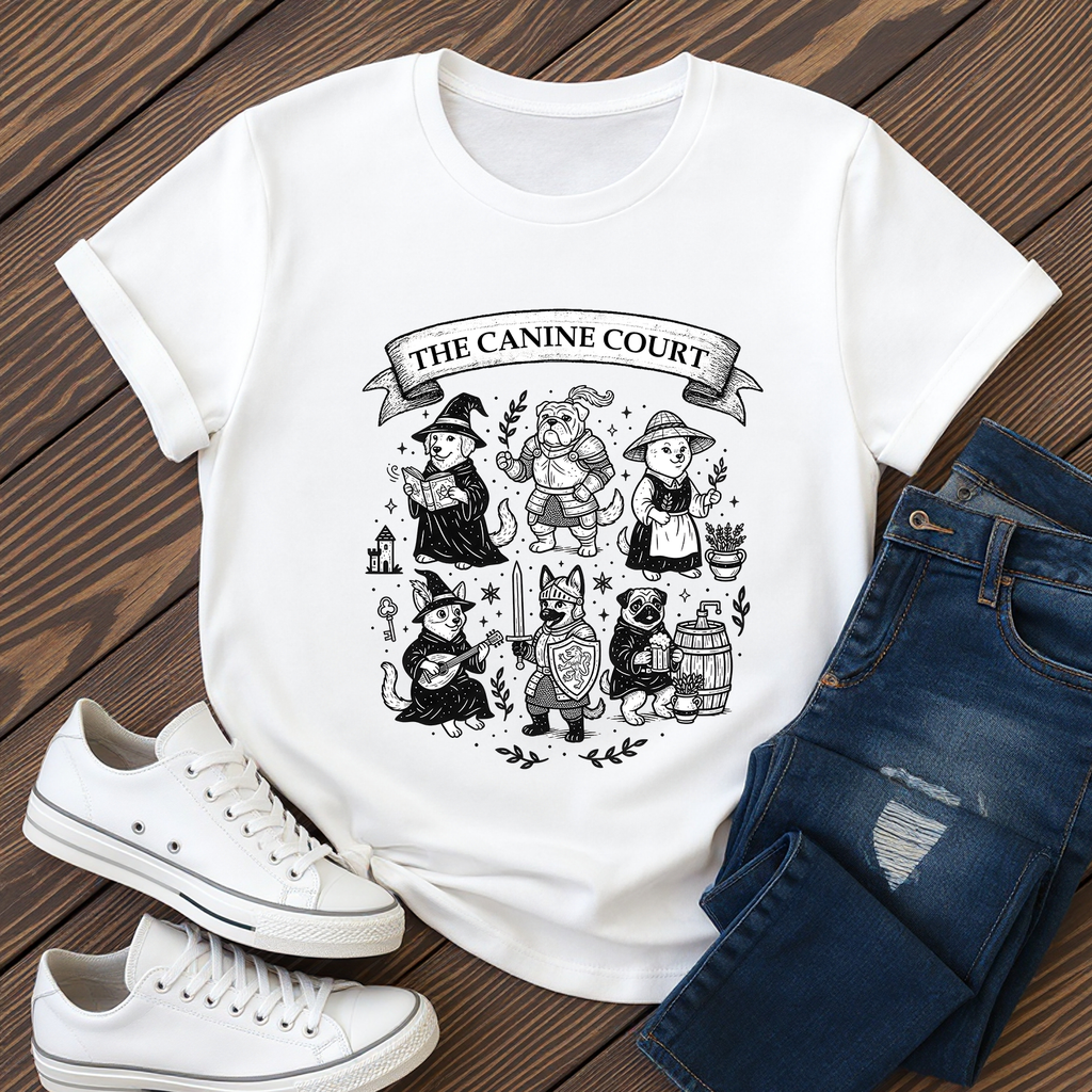 White t-shirt with 'The Canine Court' design, paired with white sneakers and blue jeans on a wooden surface.
