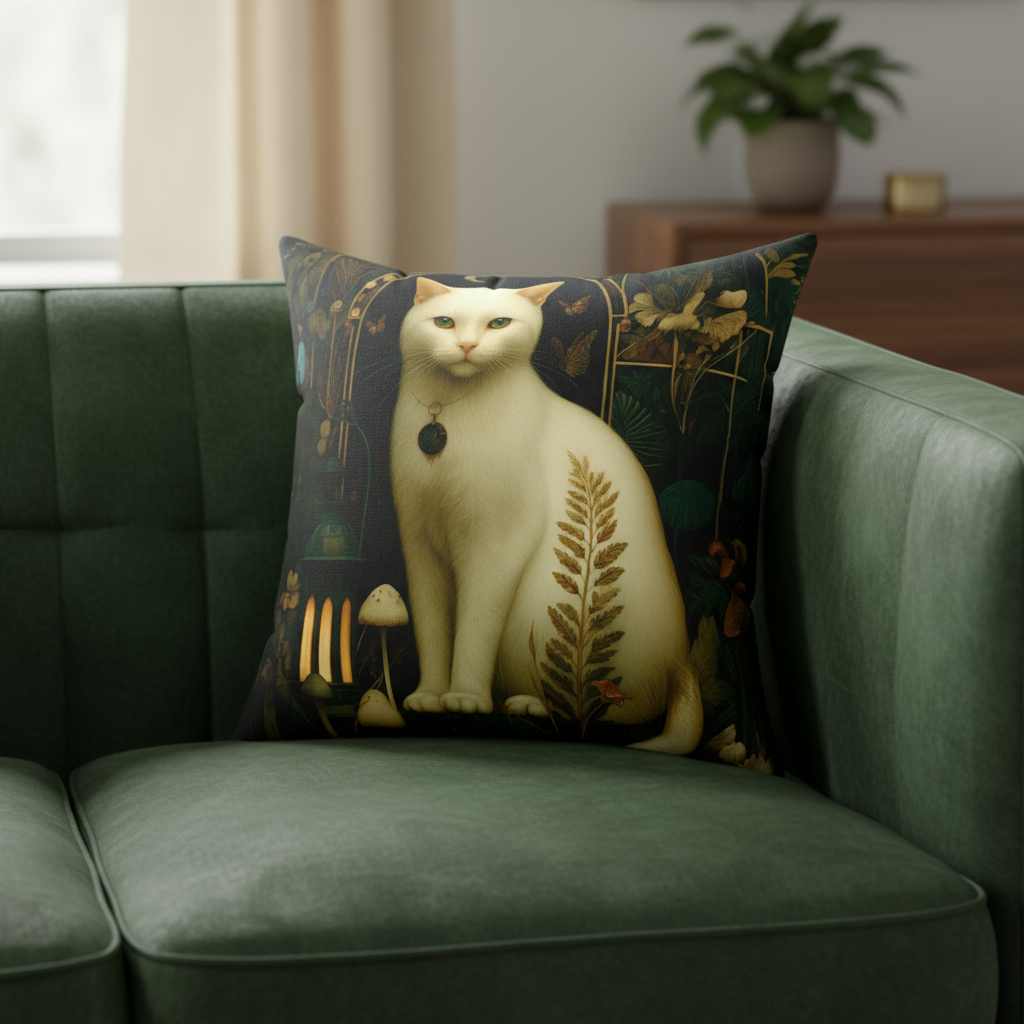 Decorative pillow with a cat design on a green couch in a living room setting.