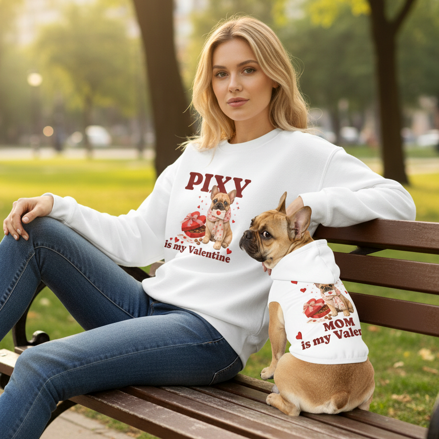 Woman sitting on a park bench with a dog wearing a matching Valentine-themed shirt.