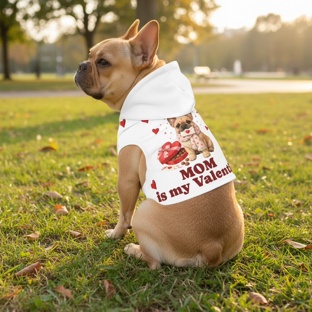 Dog wearing a Valentine's Day-themed shirt in a park