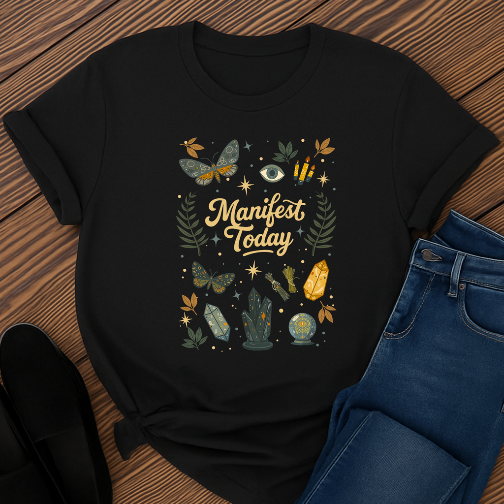 Manifest Today T‑Shirt | Mystical Cotton Graphic Tee, Spiritual Empowerment Top, Boho Crystal Gift for Her