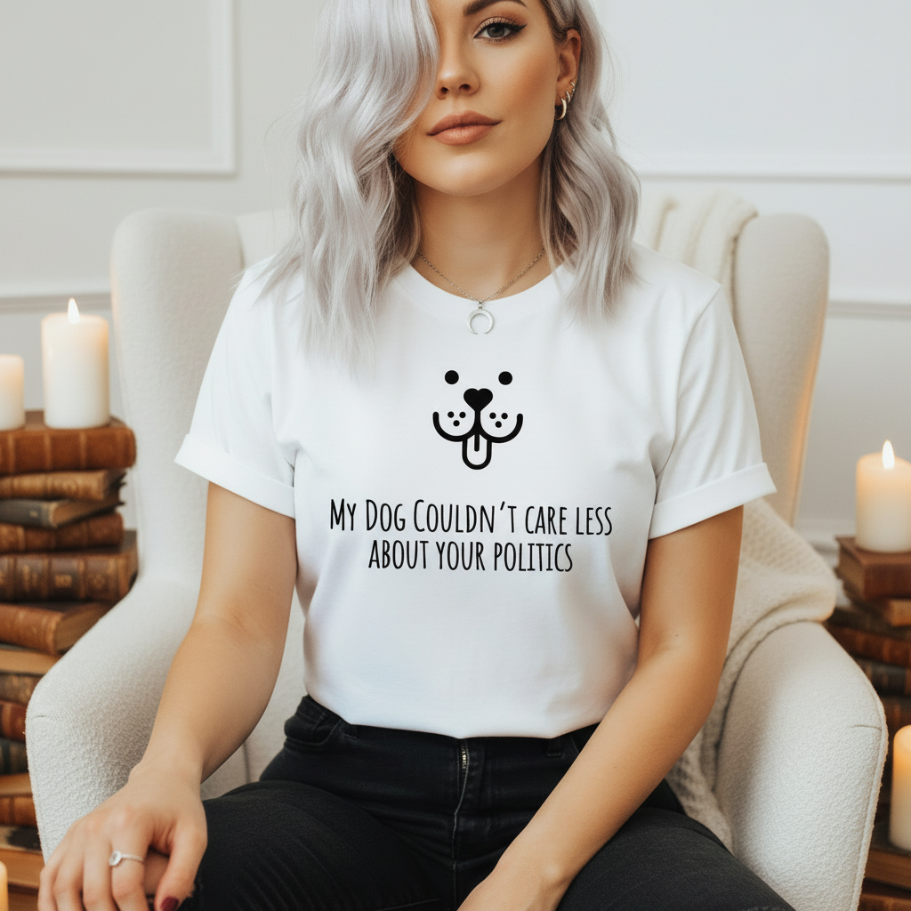 White t-shirt with a graphic and text, paired with jeans and sneakers on a wooden surface