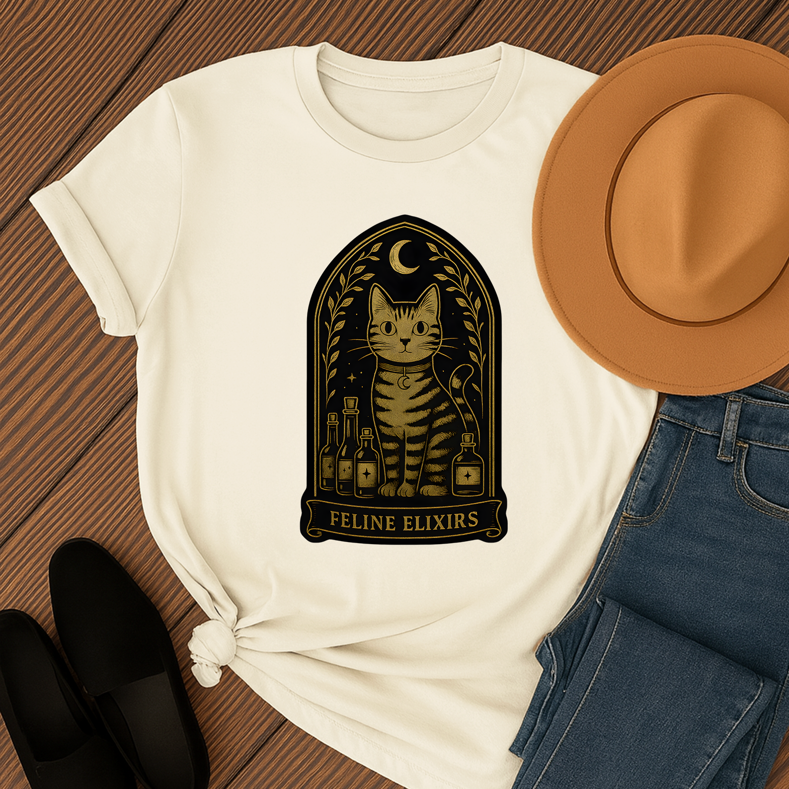 Feline Elixirs T-Shirt | Striped Cat Alchemy Graphic Tee for Mystical Pet Lovers