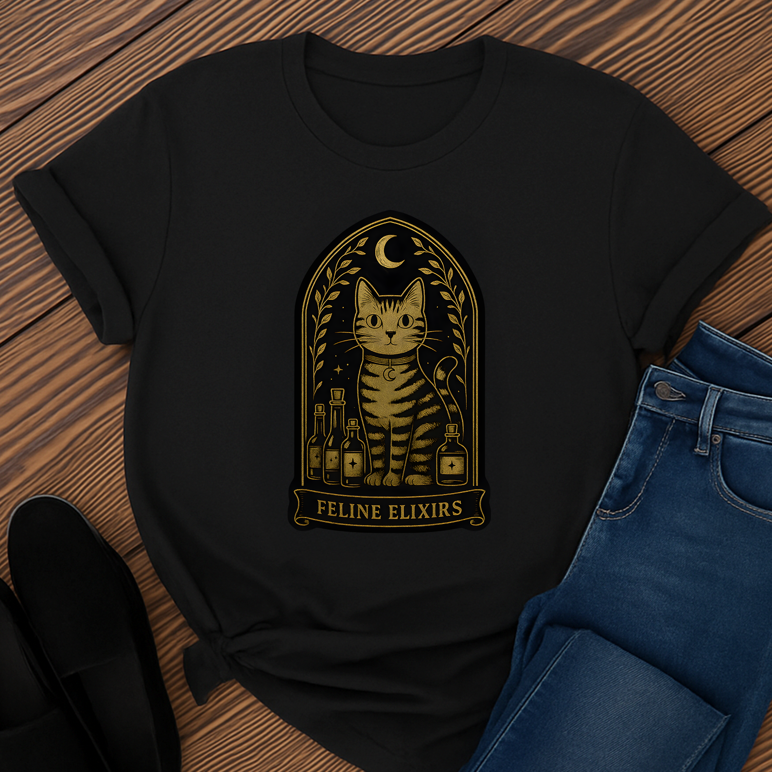 Feline Elixirs T-Shirt | Striped Cat Alchemy Graphic Tee for Mystical Pet Lovers
