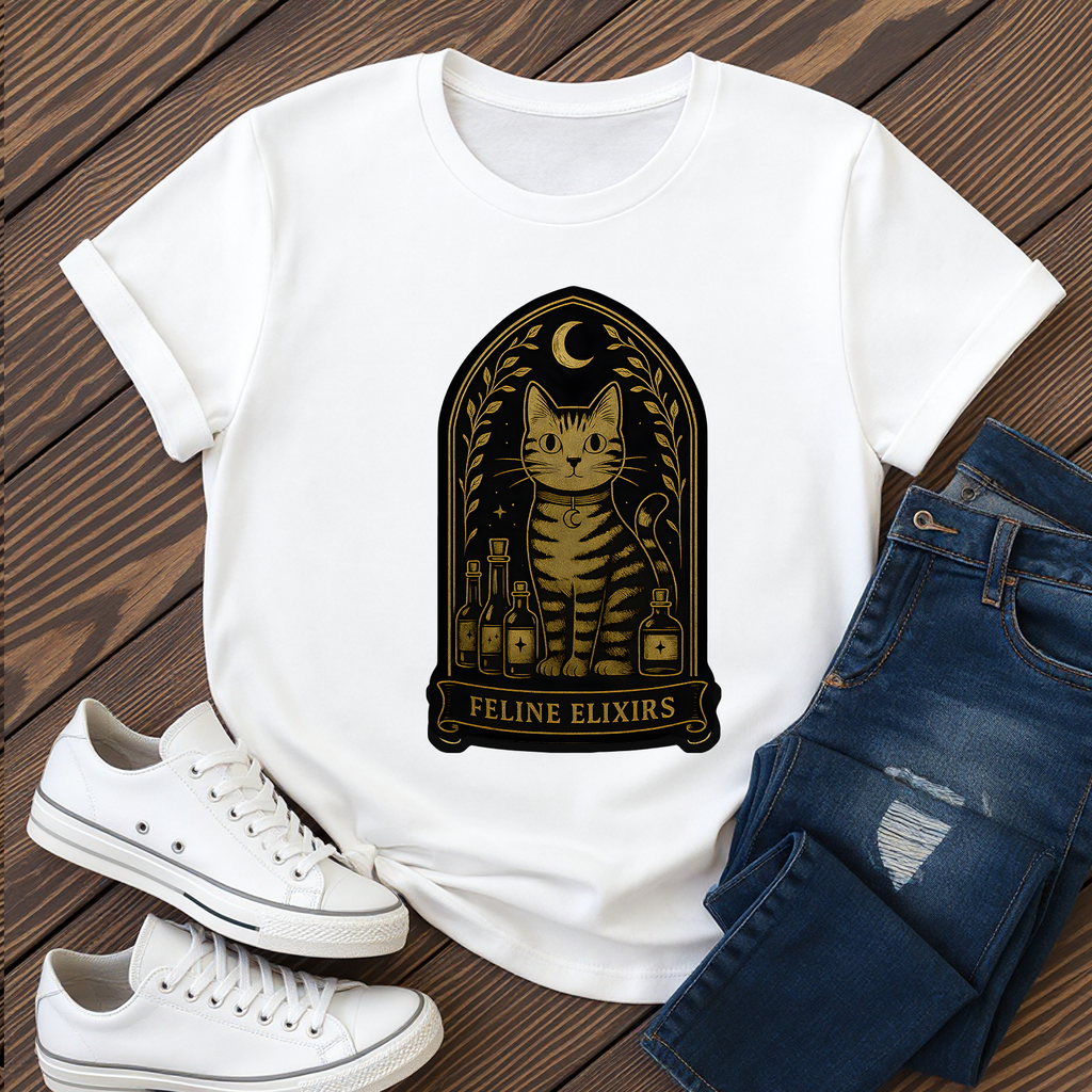 Feline Elixirs T-Shirt | Striped Cat Alchemy Graphic Tee for Mystical Pet Lovers