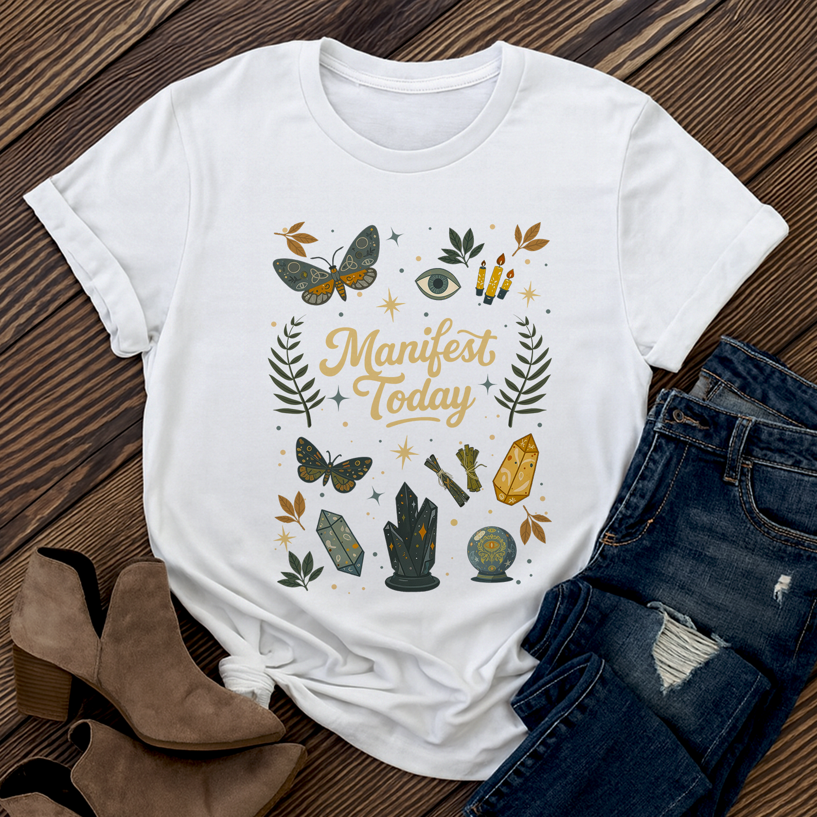 Manifest Today T‑Shirt | Mystical Cotton Graphic Tee, Spiritual Empowerment Top, Boho Crystal Gift for Her