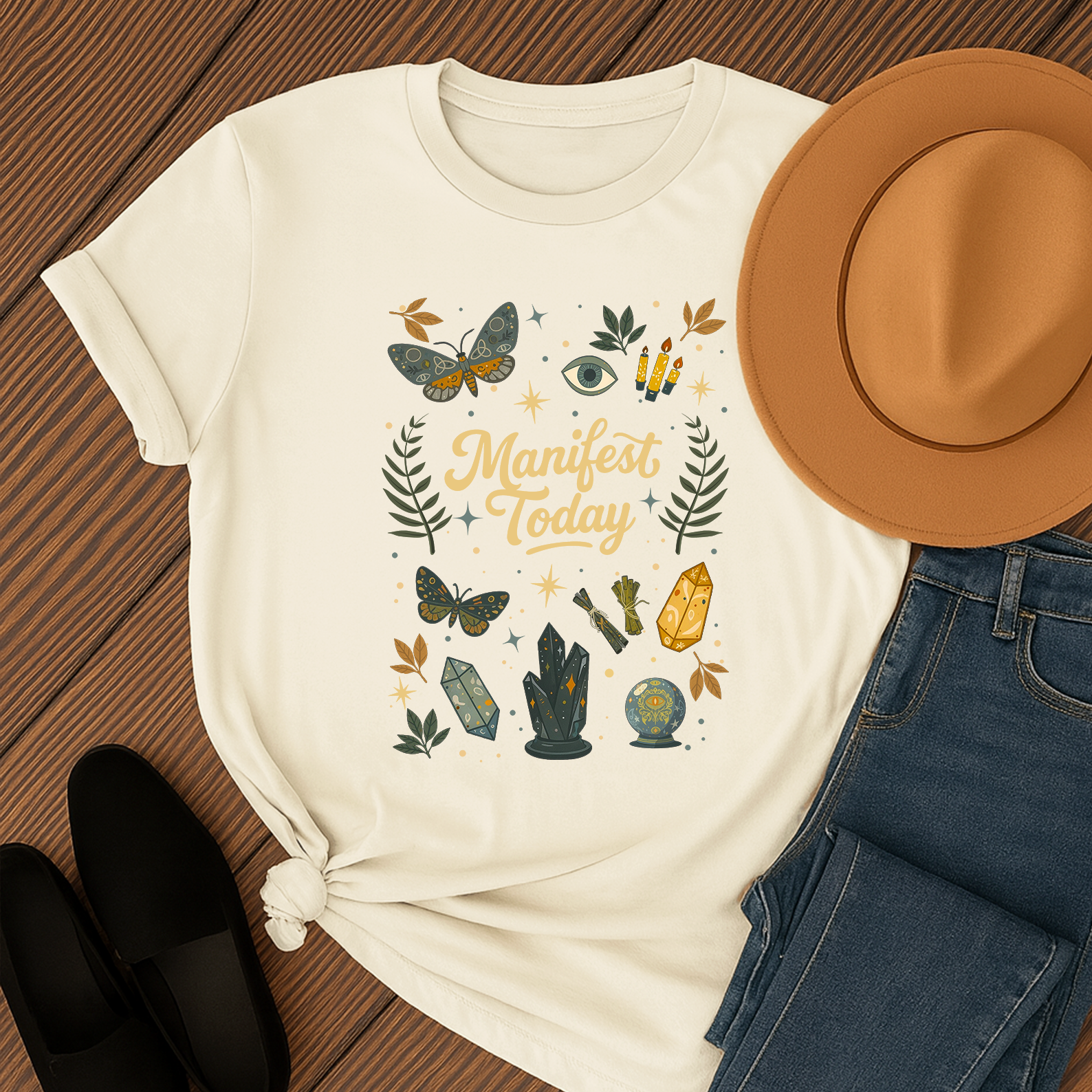 Manifest Today T‑Shirt | Mystical Cotton Graphic Tee, Spiritual Empowerment Top, Boho Crystal Gift for Her