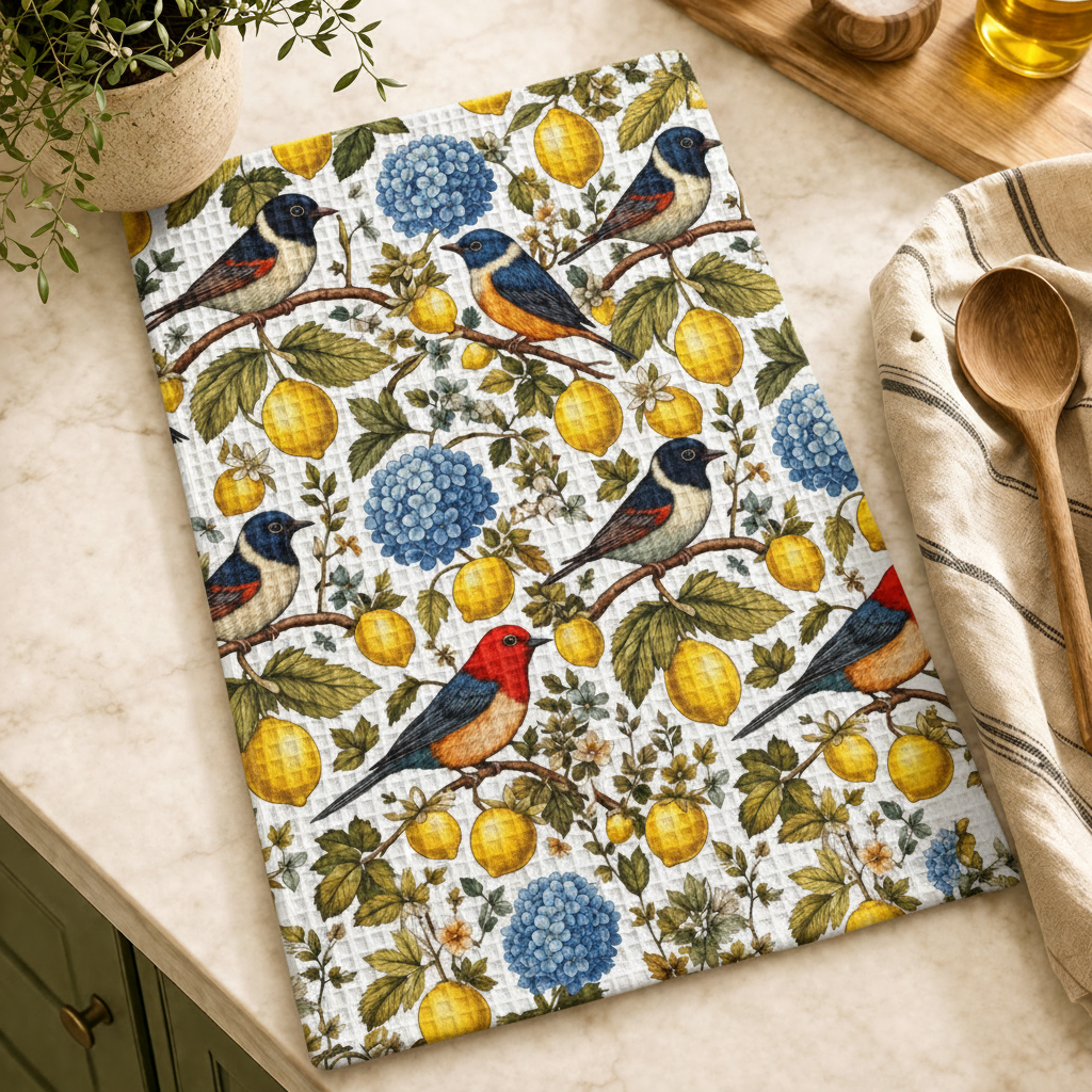 Garden Songbird | Lemon Hydrangea Waffle Weave Kitchen Towel Printify
